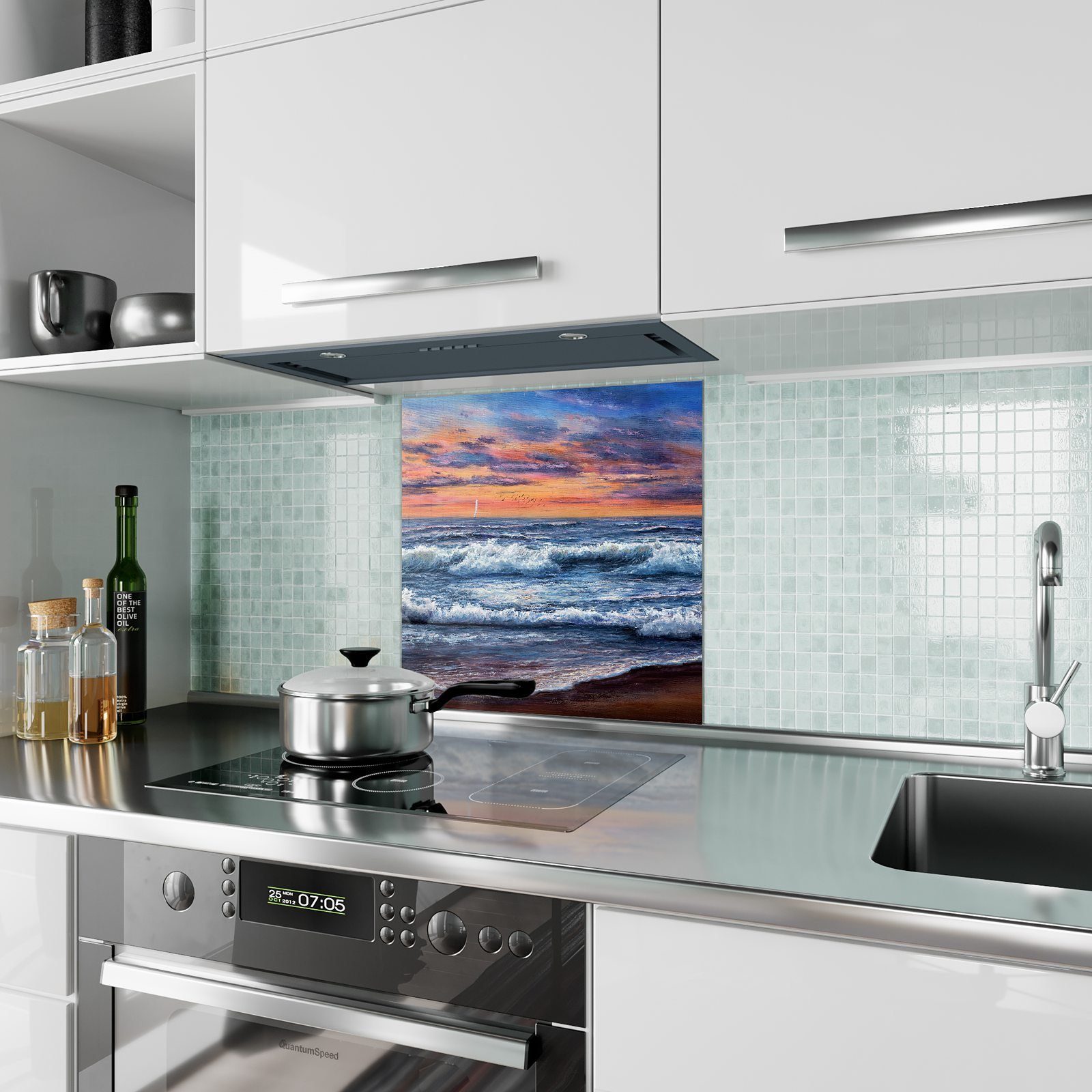 Motiv Ozean Küchenrückwand Küchenrückwand Glas Spritzschutz mit Sonnenuntergang über Primedeco