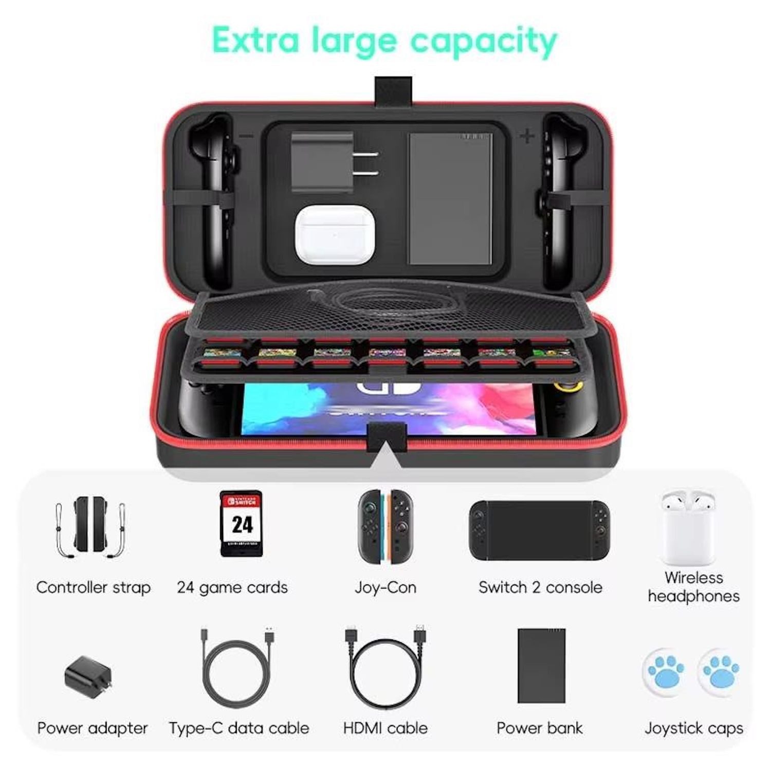 Wigento Handyhülle Für Nintendo Switch 2 Tasche mit Ständer Transport Case Schwarz Rot, Mit integriertem Ständer, Platz für 24 Spielekarten