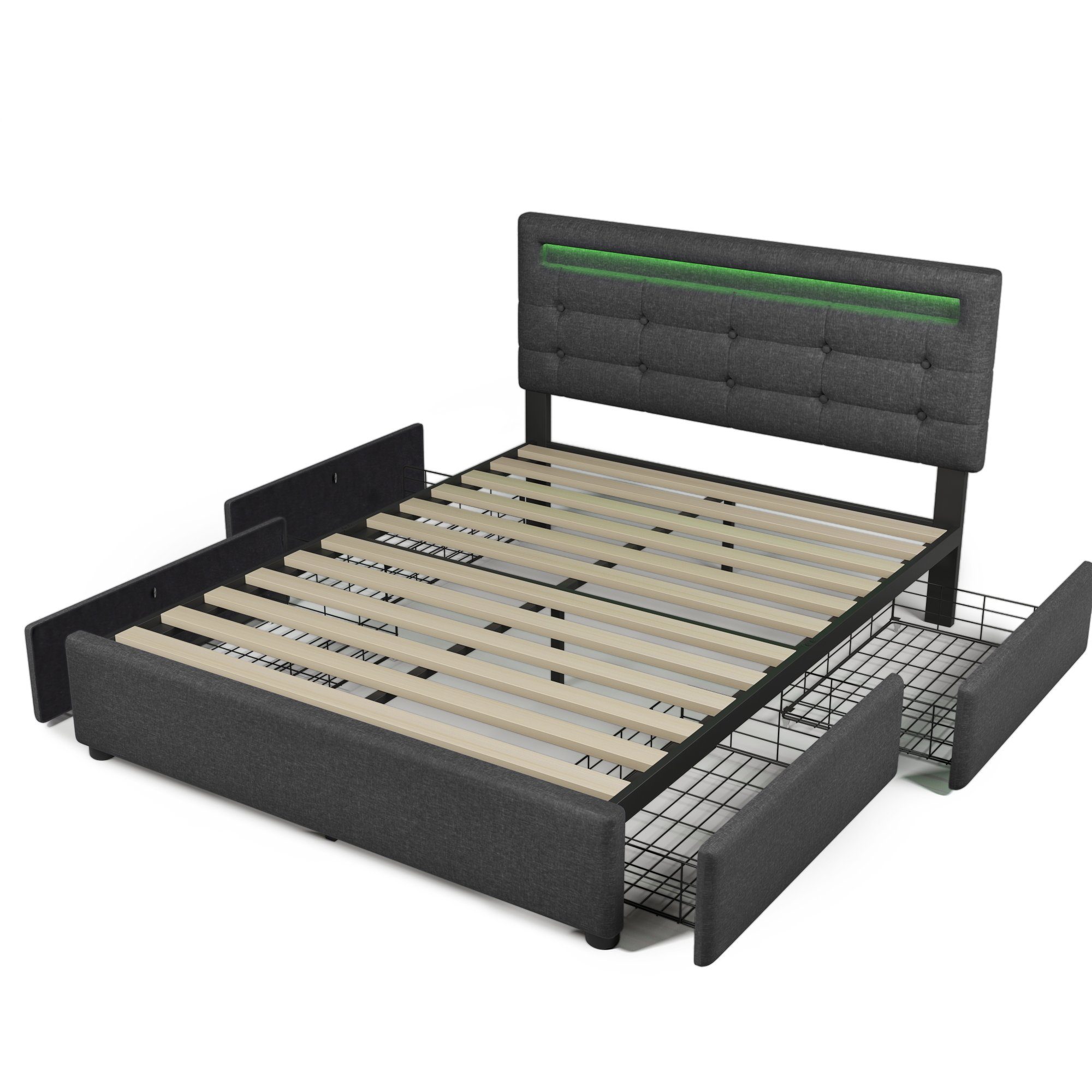 Polsterbett (mit LED-Beleuchtung, Fernbedienung und verstellbarem Kopfteil), Doppelbett mit Matratze, 4 Schubladen, Leinen, 140x200cm Bett