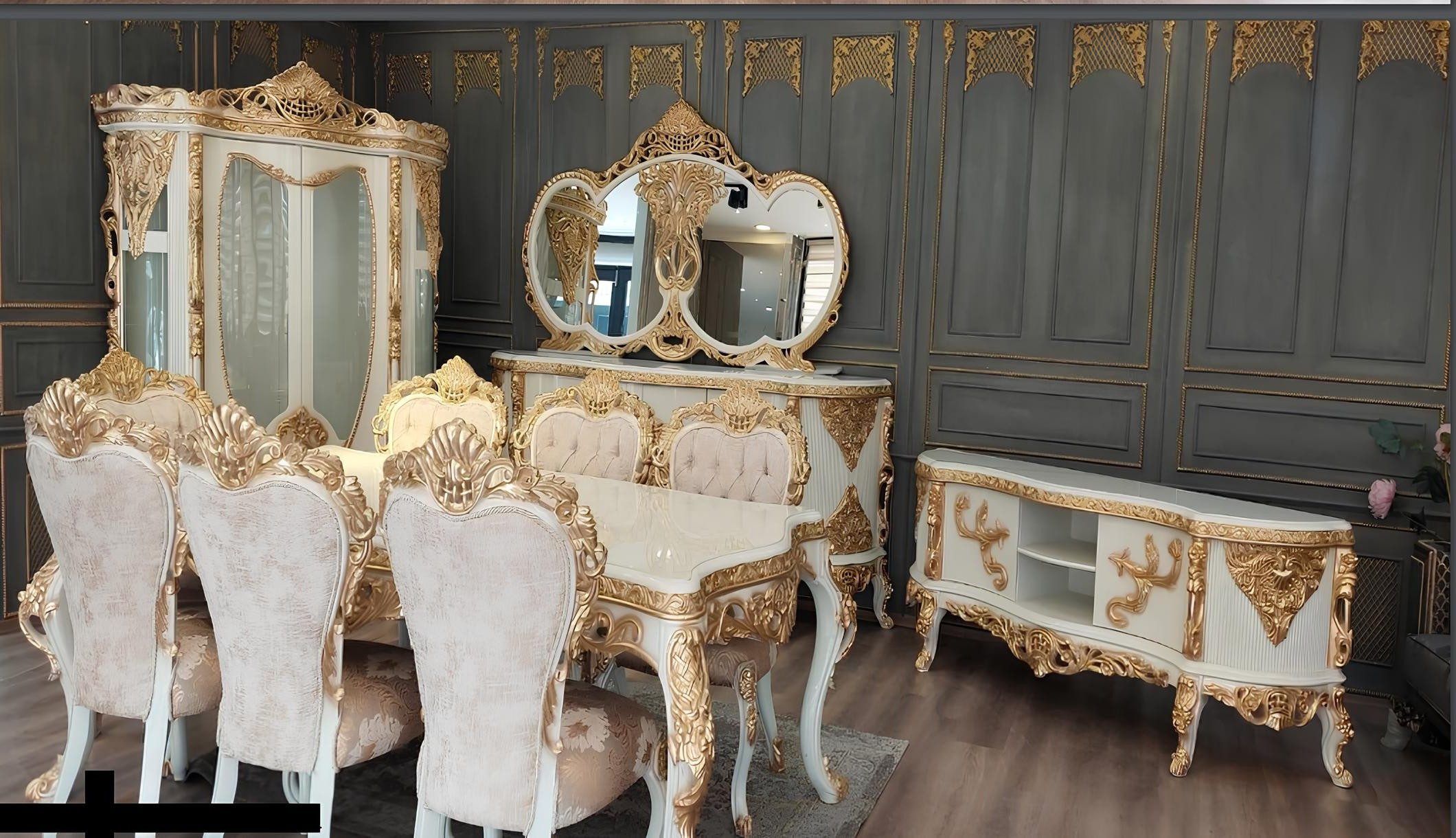 Xlmoebel Esszimmer-Set Luxus Holz Esstisch Stühle Anrichte Spiegel Vitrine 10tlg. Set, (10-St), Made in Europa