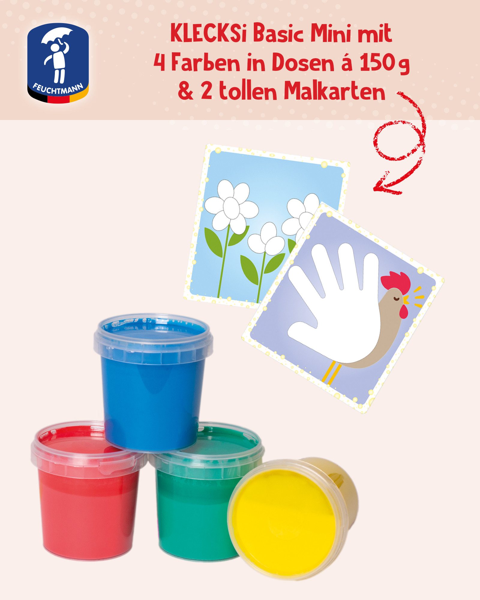 Feuchtmann Fingerfarbe KLECKSi Basic Mini+, 4 x 150g hautfreundliche Fingermalfarbe für Kinder