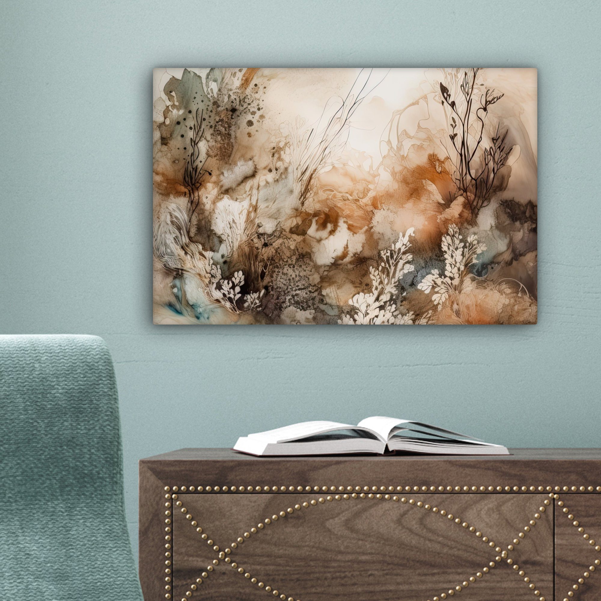 Natur - 30x20 Farbe Leinwandbilder, Kunst St), Beige - - cm Aufhängefertig, - Wandbild (1 Wanddeko, - Abstrakt Leinwandbild Blumen, OneMillionCanvasses®