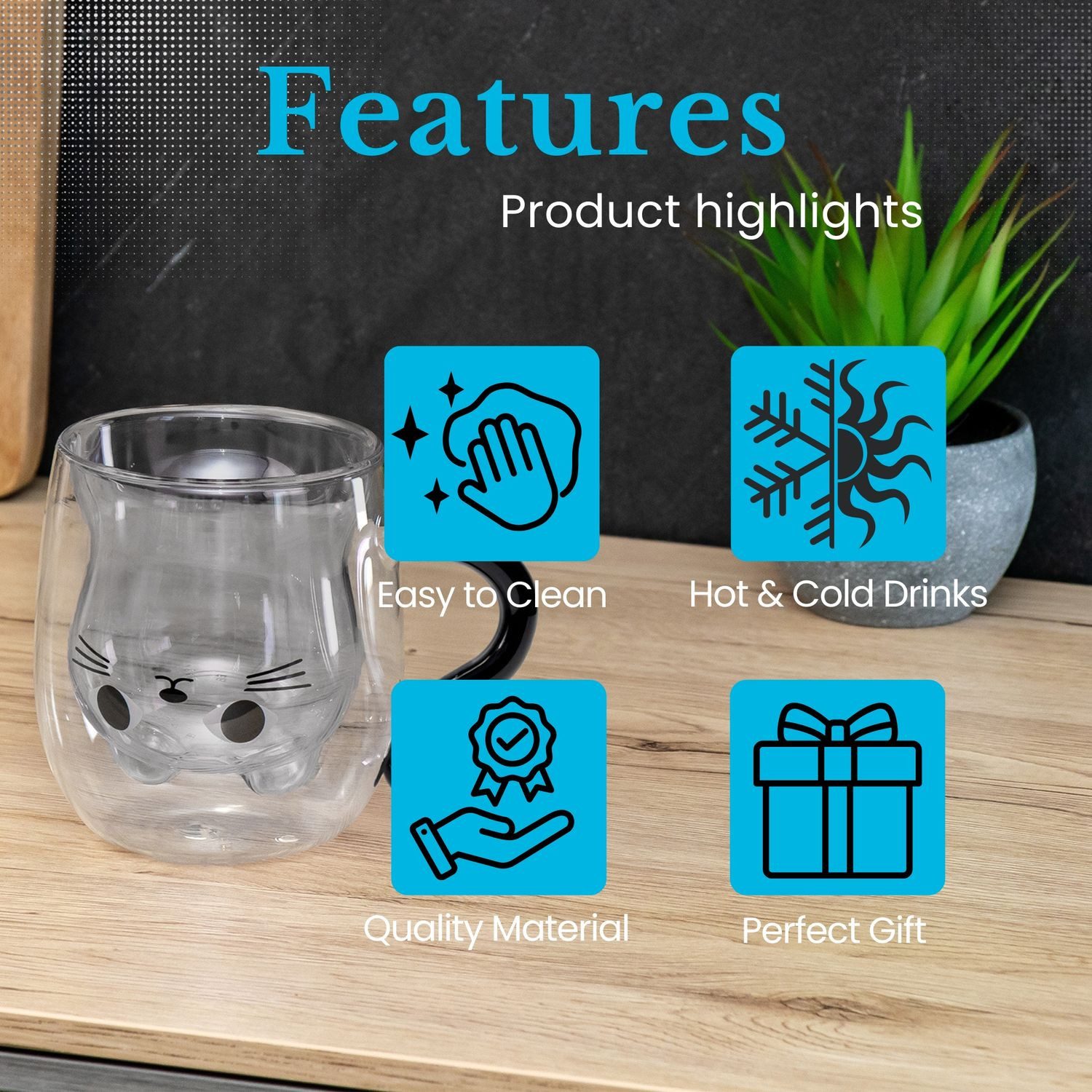 Intirilife Gläser-Set, 6-tlg., Glas, Thermo Glas Doppelwandig 200ml Kaffeetasse Teetasse Katzendesign 6-tlg