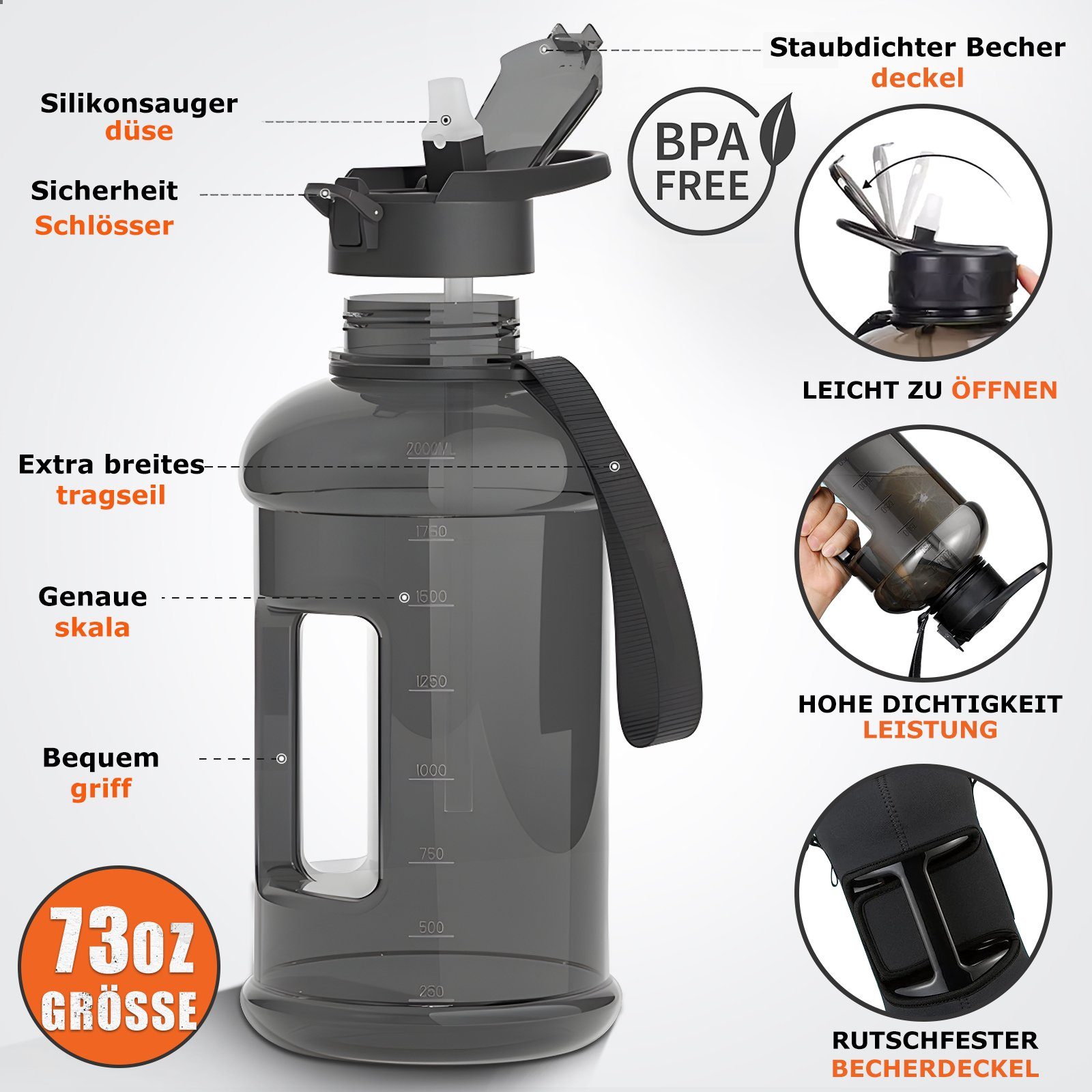 2.2L Wasserflasche Becherhalter Strohhalm, und BPA-freie Trageschlaufe Isolierkanne MDHAND mit Mit