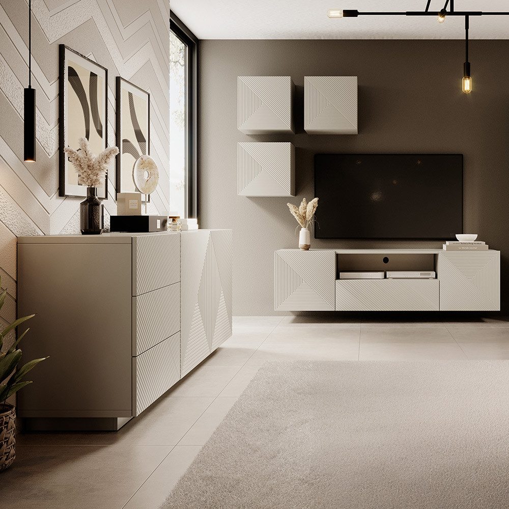 Lomadox Wohnzimmer-Set ADARE-141, (Mega-Spar-Set, 5-St., Hängeschränke Lowboard Sideboard), Wohnwand mit Sideboard, kaschmir mit gerillter Front, Push-to-Open