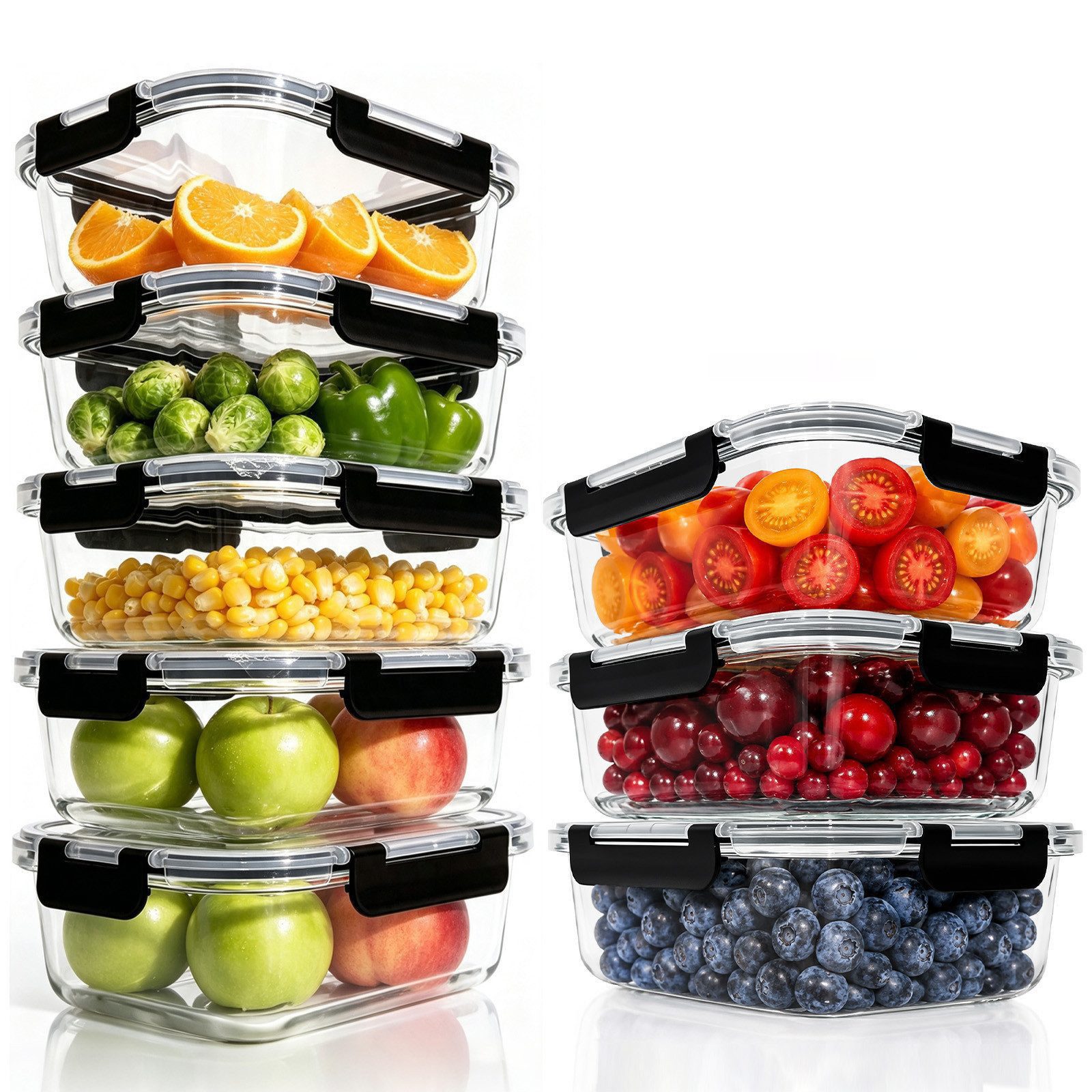 SunJas Frischhaltedose Glasbehälter mit deckel,Frischhaltedosen Glas,5×1040 ml+3×1520 ml, glas, (Glas Frischhaltedose,Glas-Lunchbox,Glas Lebensmittelbehälter, 8-tlg., Borosilikatglas,spülmaschinenfest & mikrowellengeeignet,auslaufsicher), Geeignet für Meal‑Prep, Kühlschrank, Picknick & Speisentransport.