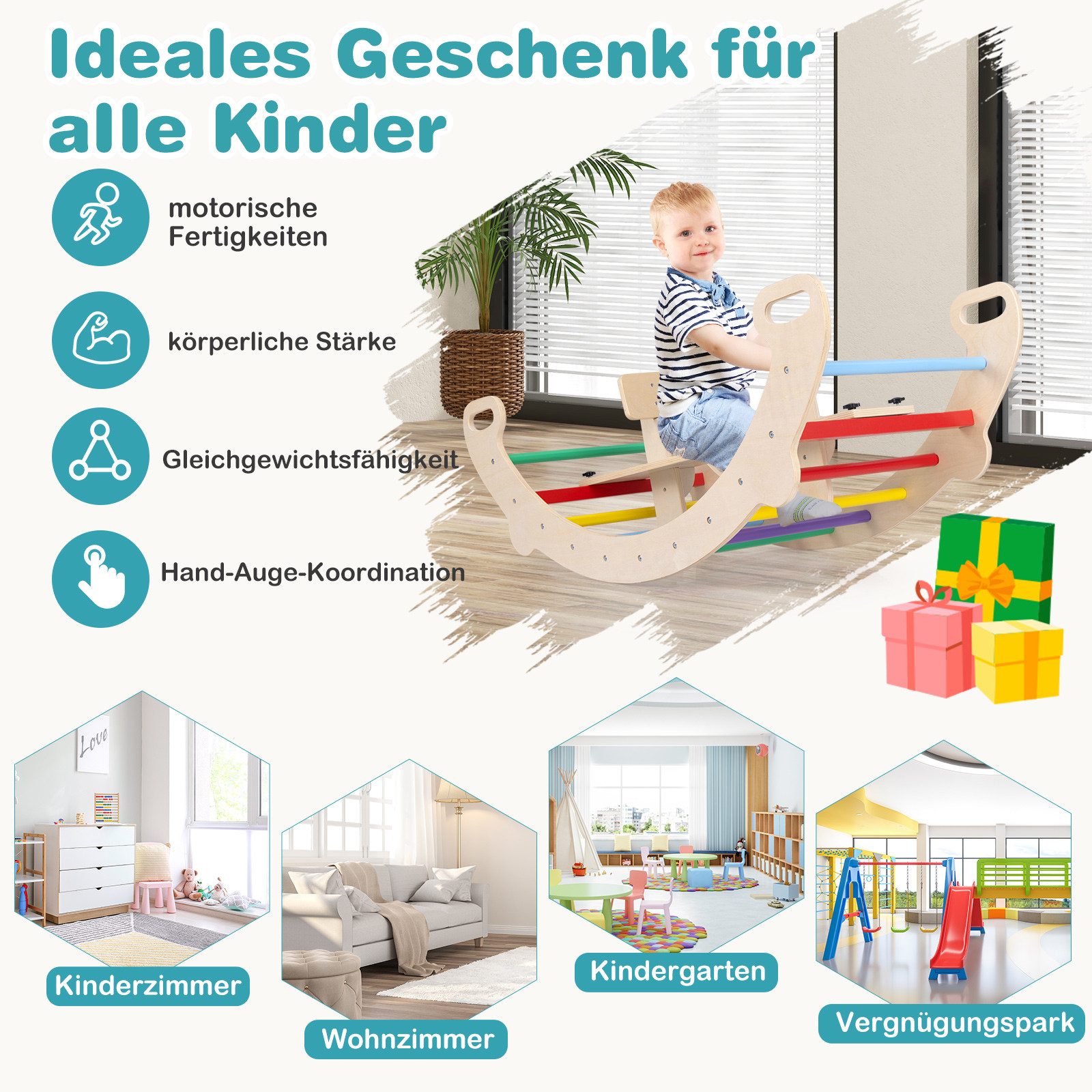 COSTWAY Klettergerüst, 4 in 1 Kletterbogen Schaukel, Kletterdreieck, Bogenwippe