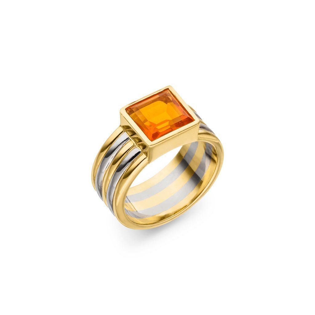 SKIELKA DESIGNSCHMUCK Goldring Feueropal Ring 9x9 mm (Gelbgold / Weißgold 750), hochwertige Goldschmiedearbeit aus Deutschland