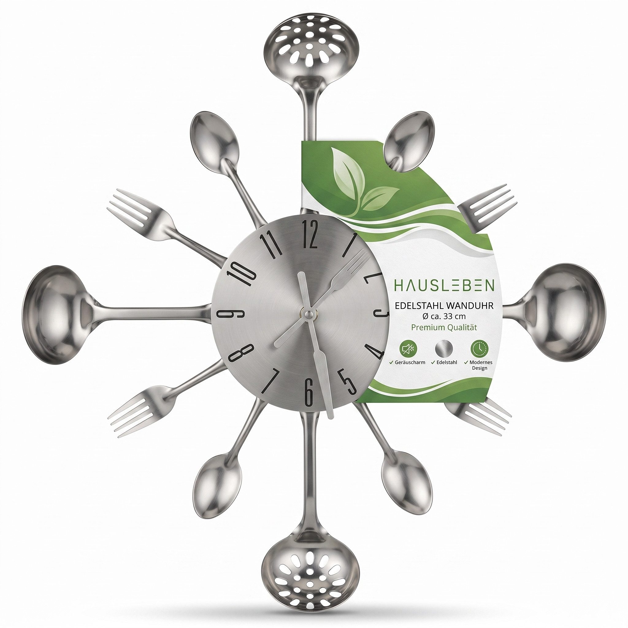 hausleben Wanduhr Wanduhr Küche 35 cm, Edelstahl Küchenuhr mit Besteck Design (Stille Uhr, Besteck-Design, Wandmontage, Analoges Zifferblatt)