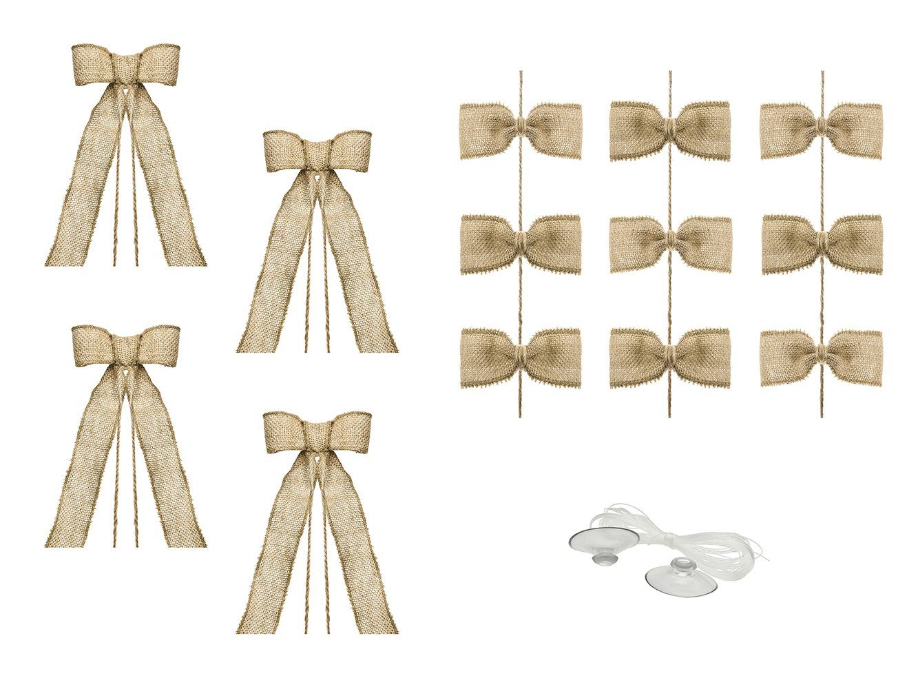 partydeco Dekohänger, Autoschleifen Hochzeit Jute mit Saugnapf natur braun 12-tlg. Set