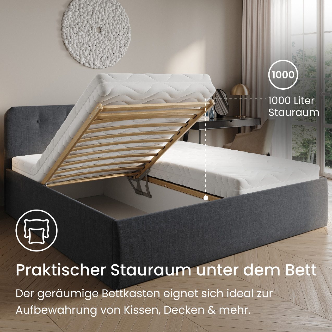 Home Collective Polsterbett Bett mit Stauraum, verstellbarem Lattenrost, viele Größen (Größen: 100x200 120x200 140x200 160x200 180x200 200x200, hochwertiger Str – Bild 3 von 5