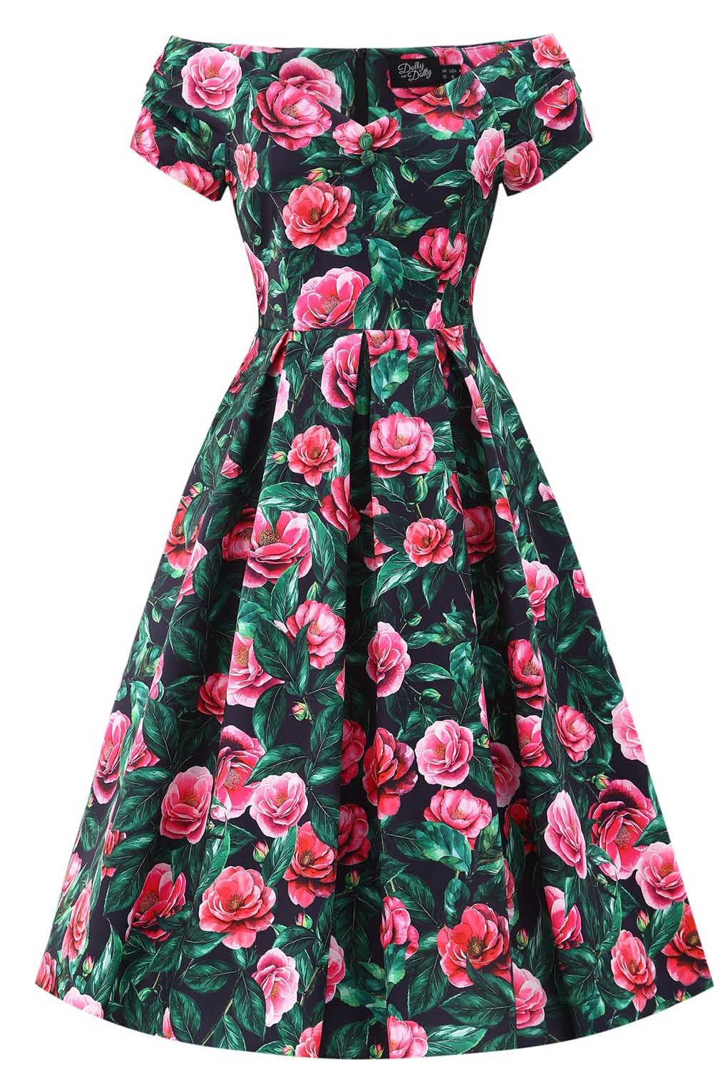 Dolly and Dotty A-Linien-Kleid Lily Black & Pink Camellia Off-Shoulder Vintage Retro