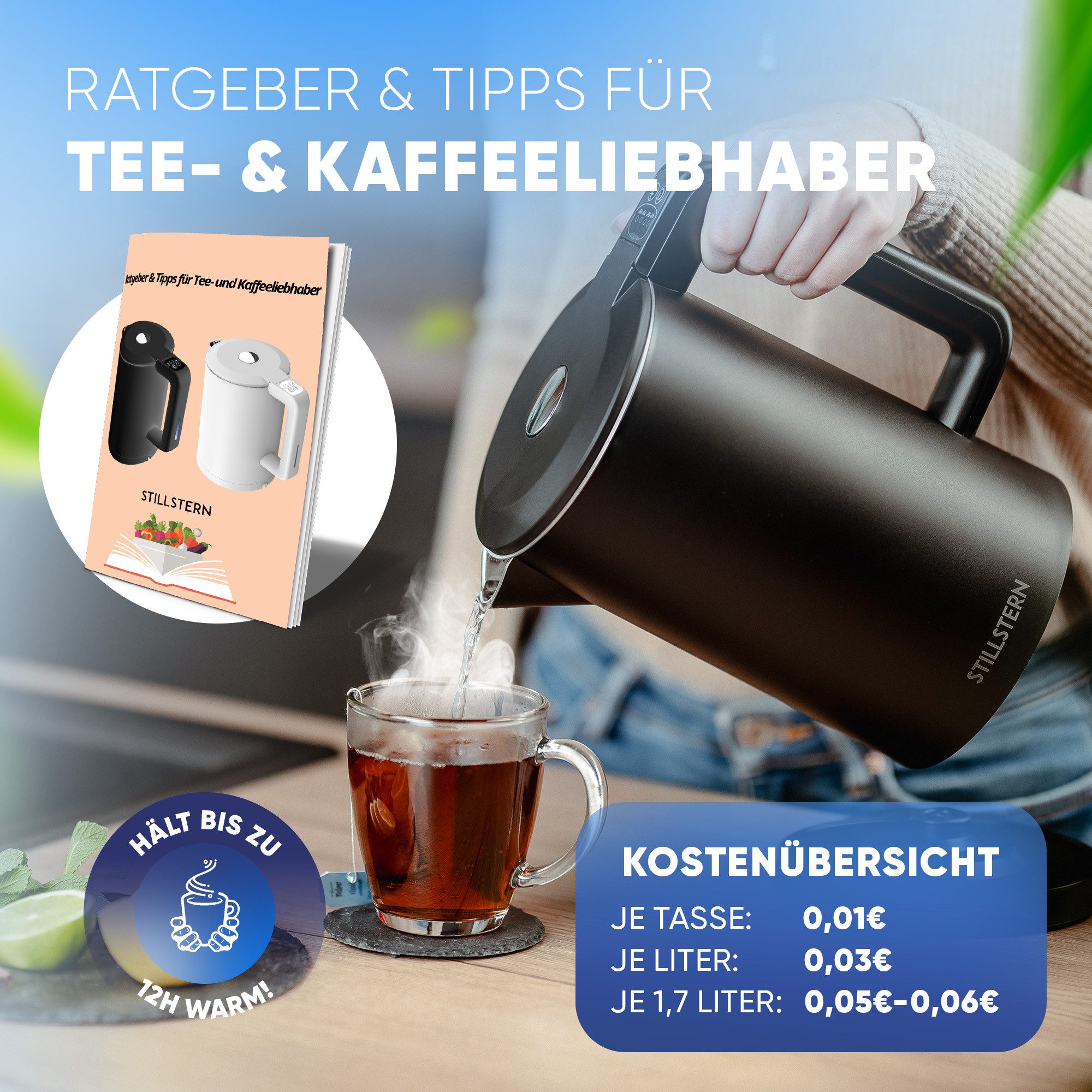 Stillstern Wasserkocher Wasserkocher 1,7L, Schnelles Aufkochen, mit Temperatureinstellung, 1.7 l, 2200 W, 2200W, 12 Std. Warmhaltefunktion, Leise