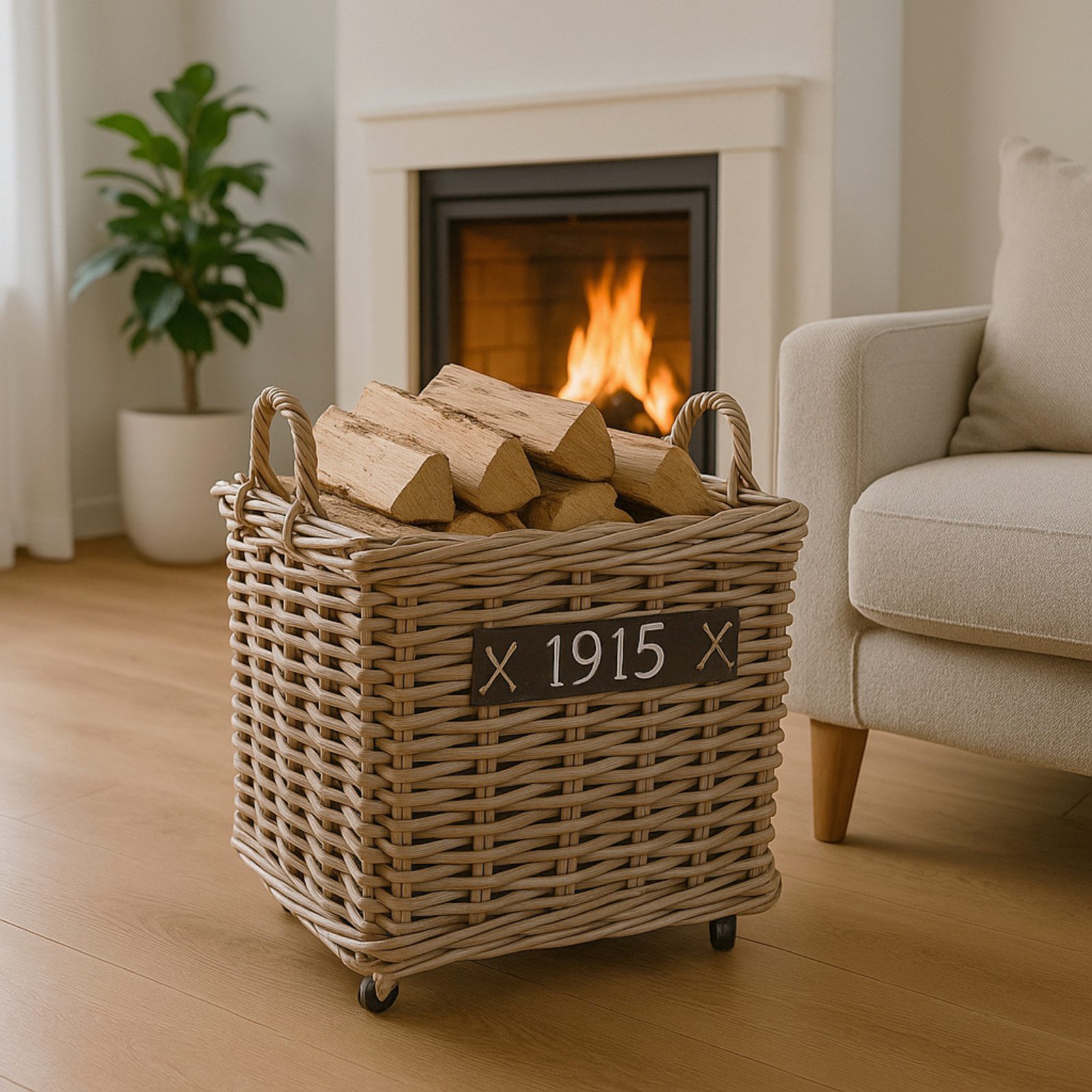 Van der Leeden Kaminholzkorb Feuerholzkorb Brennholz Rattan Rollen Handmade Groß / Klein (Stück, 1 St., Packung), Feuerholzkorb, 50x50x45cm, Holzkorb, Handmade, Rattan