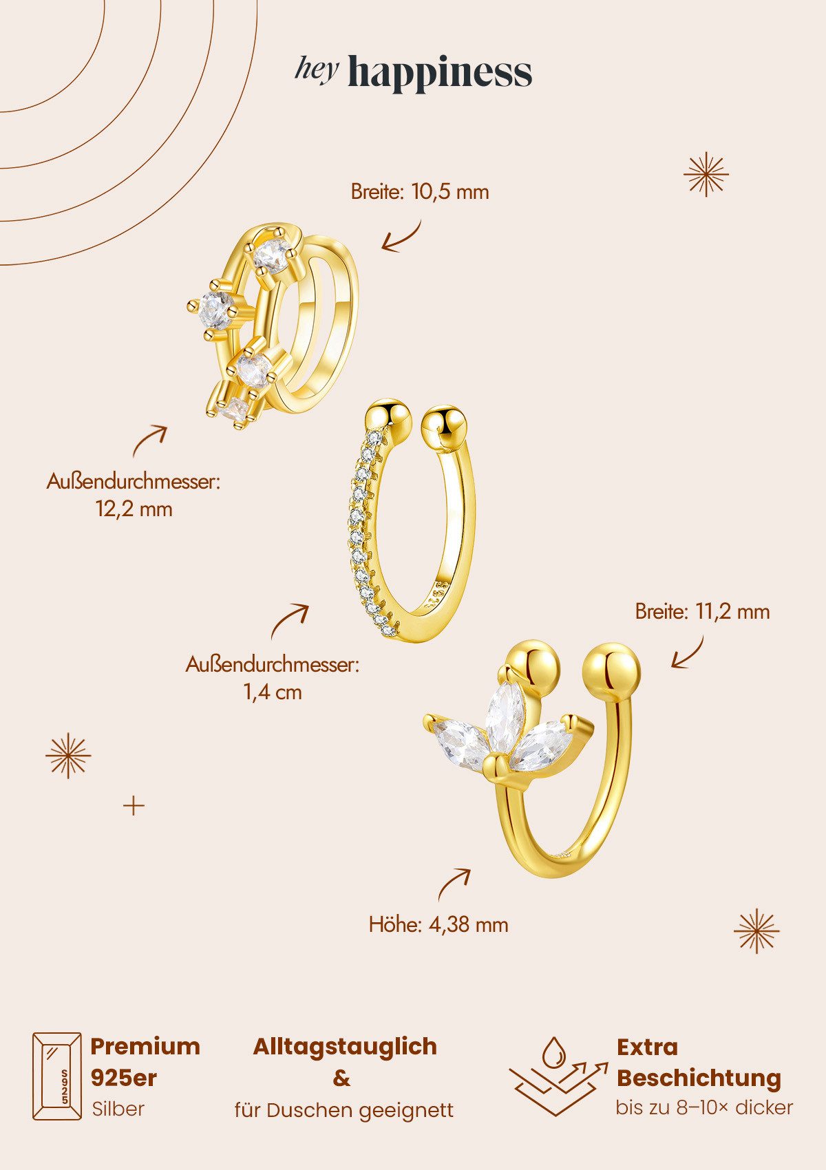 Hey Happiness Ohrklemmen-Set 3er Kristalle, Ear Cuff Silber 925 Damen, Vergoldetes Layer Set 3-tlg., Ohrringe ohne Loch – Bild 4 von 5