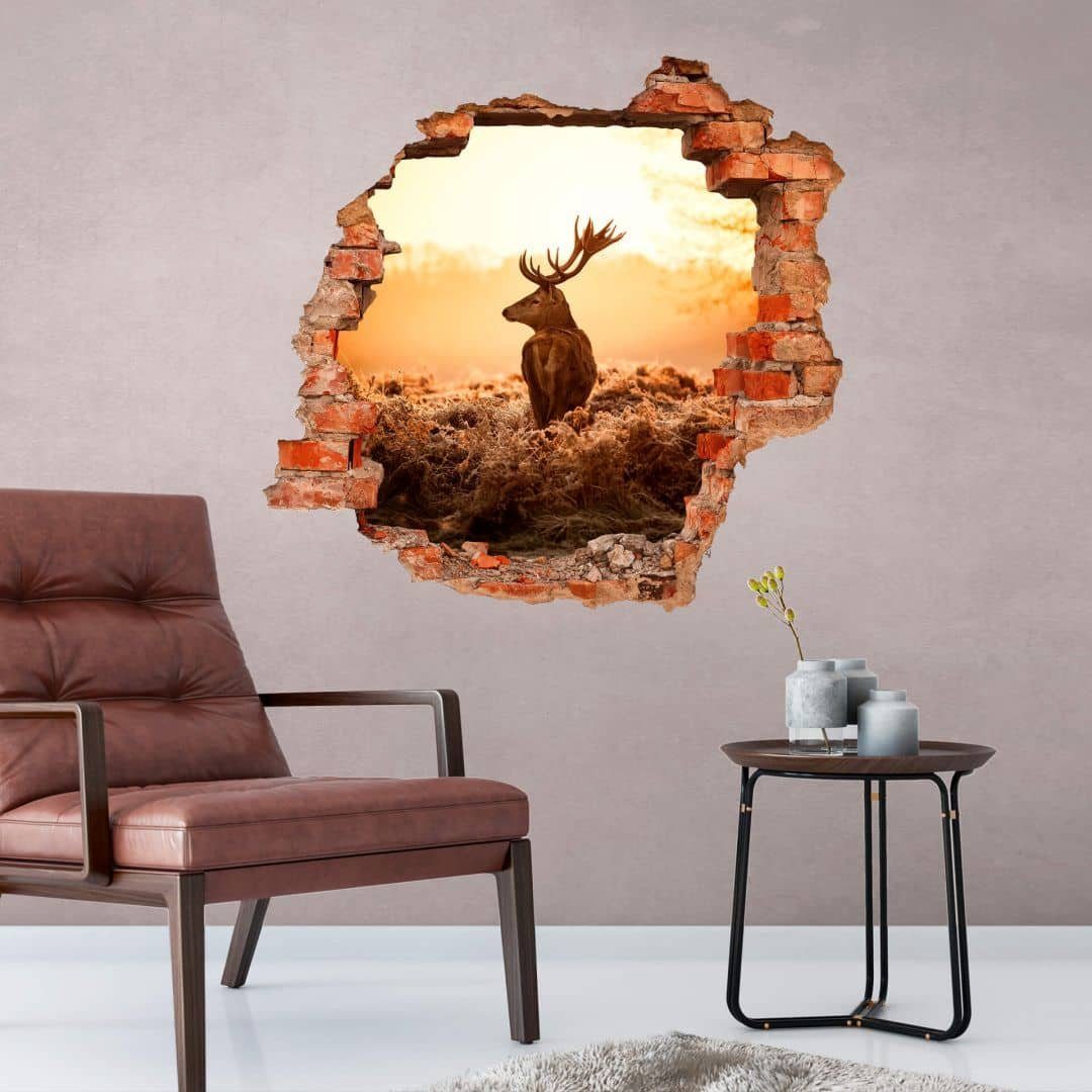 K&L Wall Art Wandtattoo 3D Wandtattoo Majestätischer Hirsch Wandsticker Waldtier Reh Geweih, Mauerdurchbruch Wandbild selbstklebend