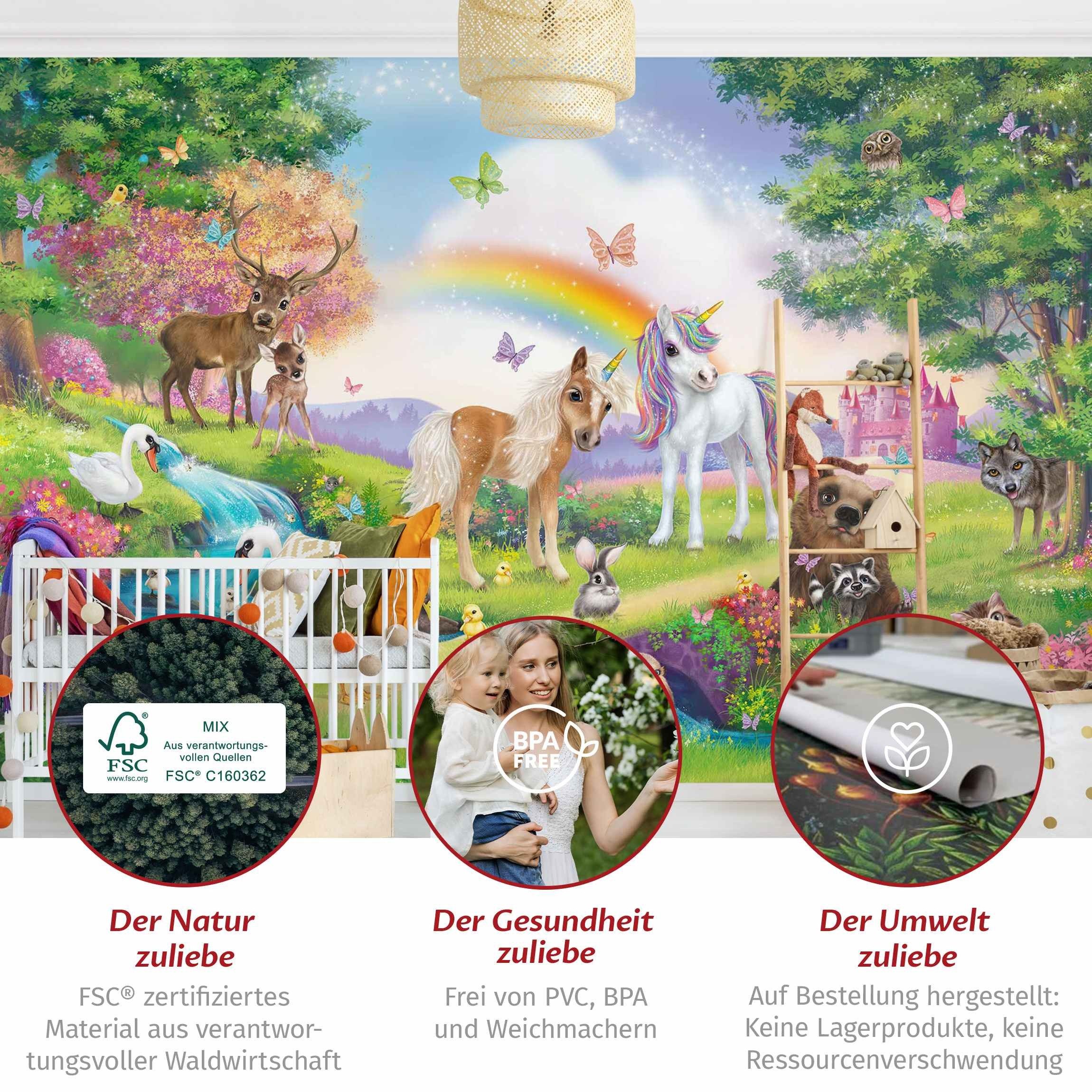 Bilderdepot24 Kindertapete Kinderzimmer Zauberwald mit Einhorn Kinder Wanddeko Regenbogen, Glatt, Matt, (Vliestapete inkl. Kleister oder selbstklebend), Mädchen – Bild 5 von 5
