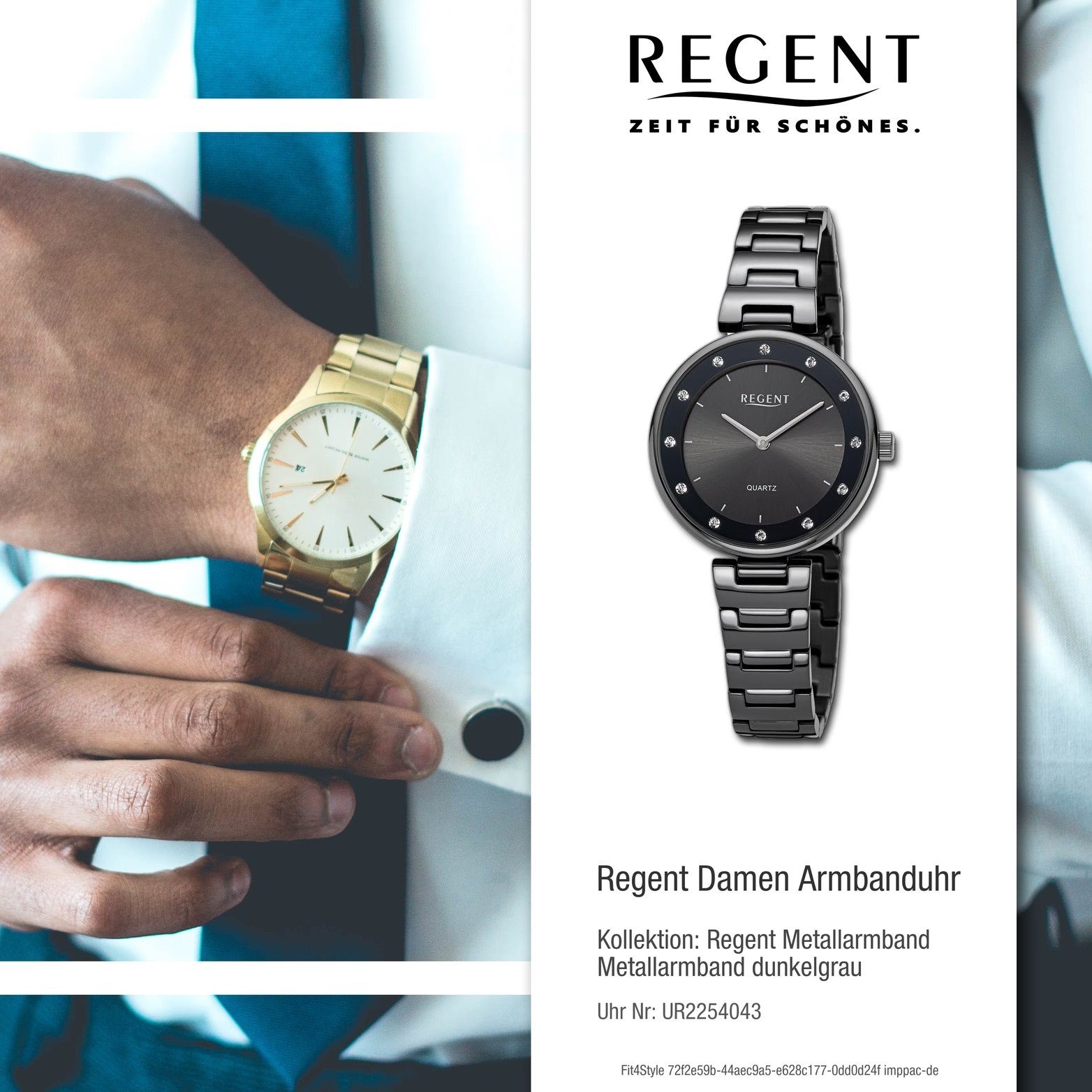 Regent Quarzuhr Regent Damen Armbanduhr groß Gehäuse, Damenuhr rundes (ca. Metallarmband 34mm) Analog, dunkelgrau
