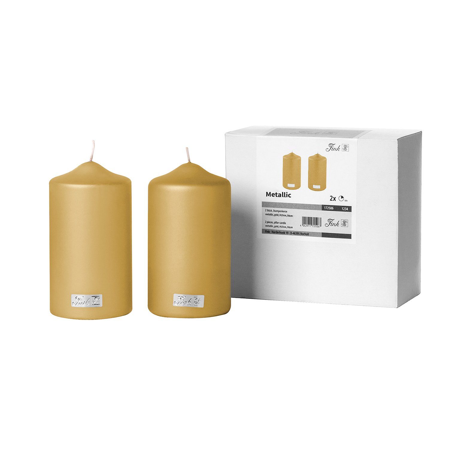 Fink Stumpenkerze CANDLE 2er Set Stumpenkerzen - gold - Paraffin - H. 15cm x B. 8cm (Dicke Kerzen - Großkerzen), Säulenkerzen Blockkerzen Zylinderkerzen - Elegante Standkerzen