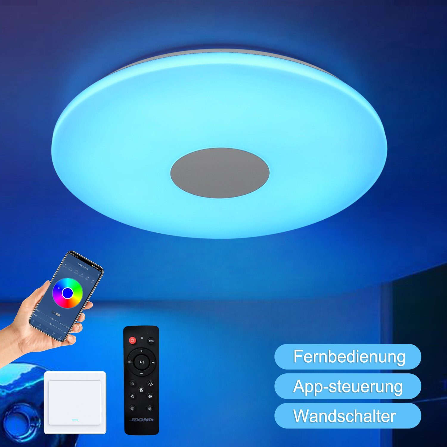 Fernbedienung Bluetooth Deckenlampe rgb, Wasserdicht Farbwechsel, LED mit Steue Badzimmer und IP44 fest mit integriert, APP Deckenleuchte Dimmbar Doppelter Lautsprecher, JDONG LED