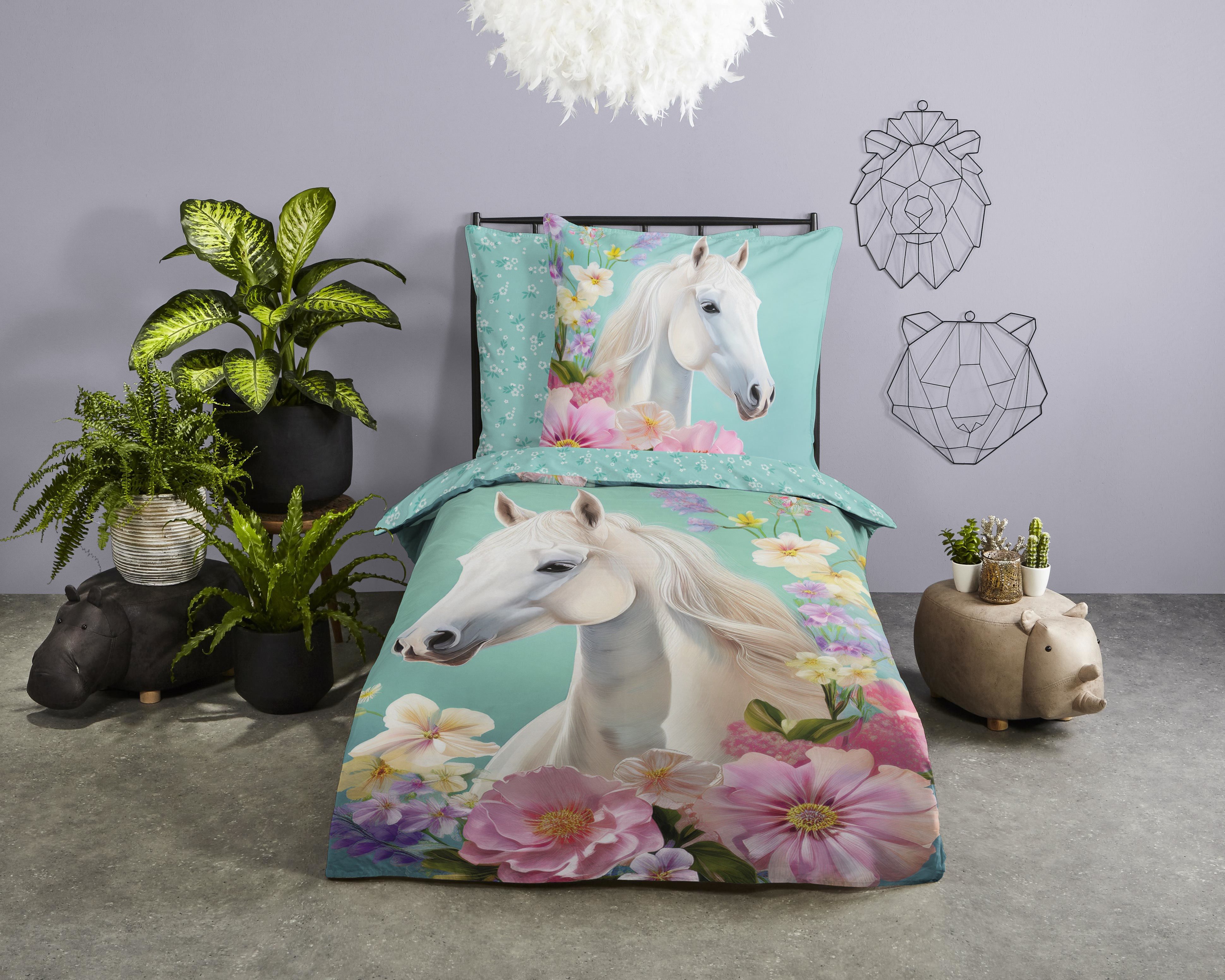good morning Kinderbettwäsche Binky, Renforcé, 2 teilig, Baumwolle, Renforcé, 135x200, Wendeoptik, Kind, Mädchen, Pferd