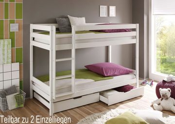 Homeline Etagenbett Kevinn Etagenbett Kinderbett Weiss Hochbett Teilbar Massiv 90x200 cm (2-St)