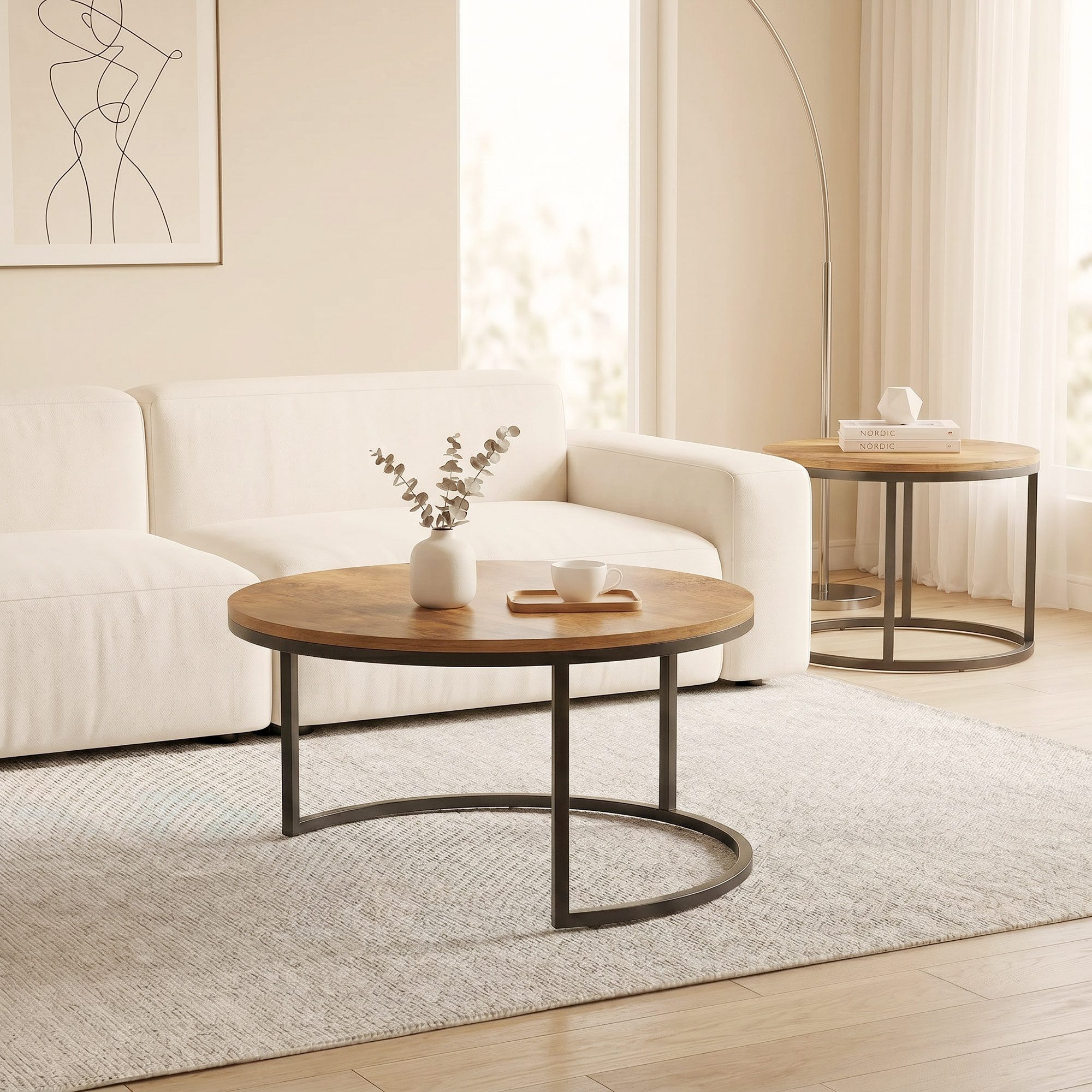 OKWISH Couchtisch Rundes Tischset 2-teilig Braun mit Metallrahmen im Industriestil (Packung, 2-St., Moderne Ablagetische mit stabilem Metallgestell), Beistelltische für Wohnzimmer und Schlafzimmer geeignet