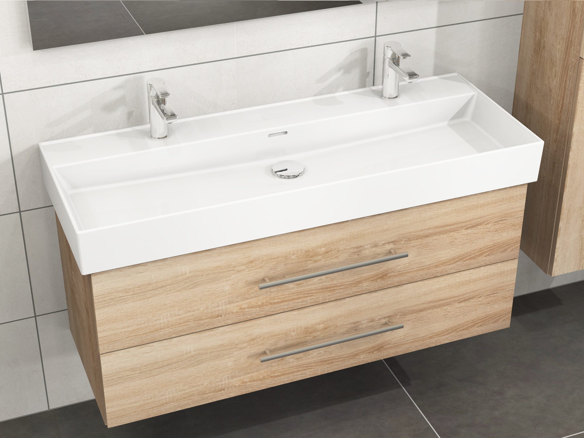 Aqua Bagno Badmöbel-Set Aqua Bagno Flex Badmöbel 120cm Eiche Gold mit Keramikwaschbecken, (vormontiert, 2-St., Badmöbelschrank, Keramikwaschbecken)