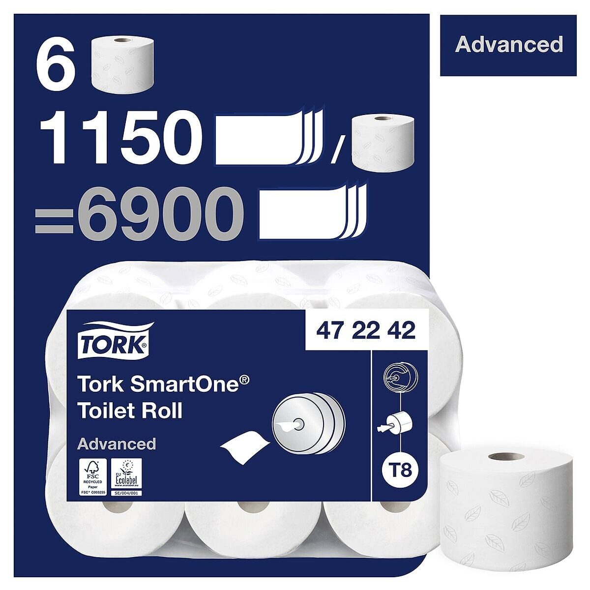 TORK Toilettenpapier SmartOne® (6-St), 2-lagig, weiß ohne Prägung, unperforiert, 1150 Blatt/Rolle