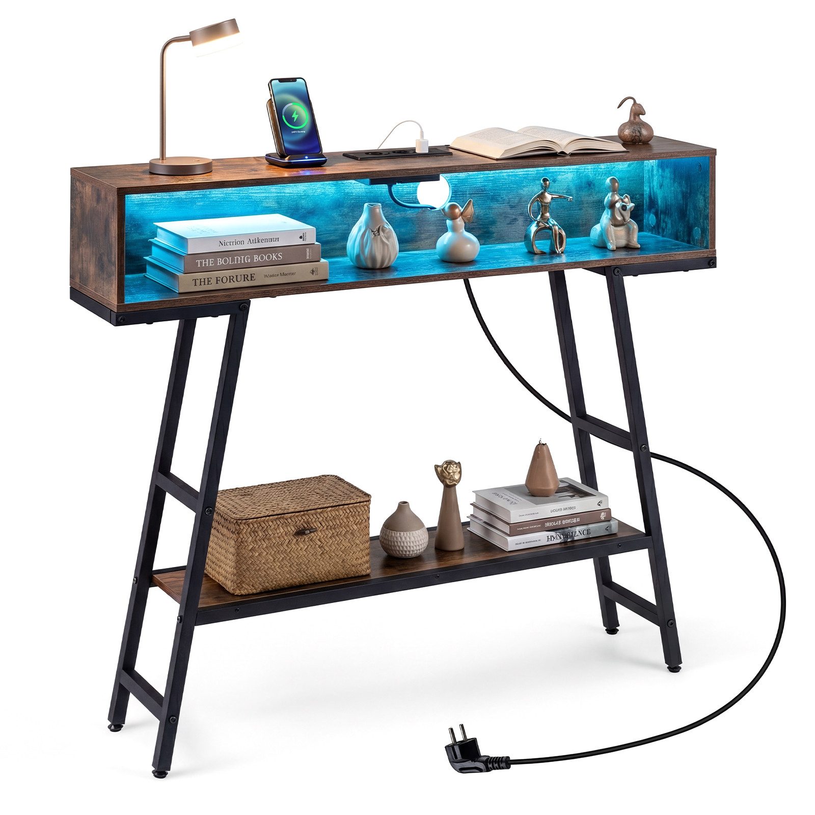 COSTWAY Konsolentisch schmal mit LED, Ladestation, Flurtisch Sofatisch für Wohnzimmer