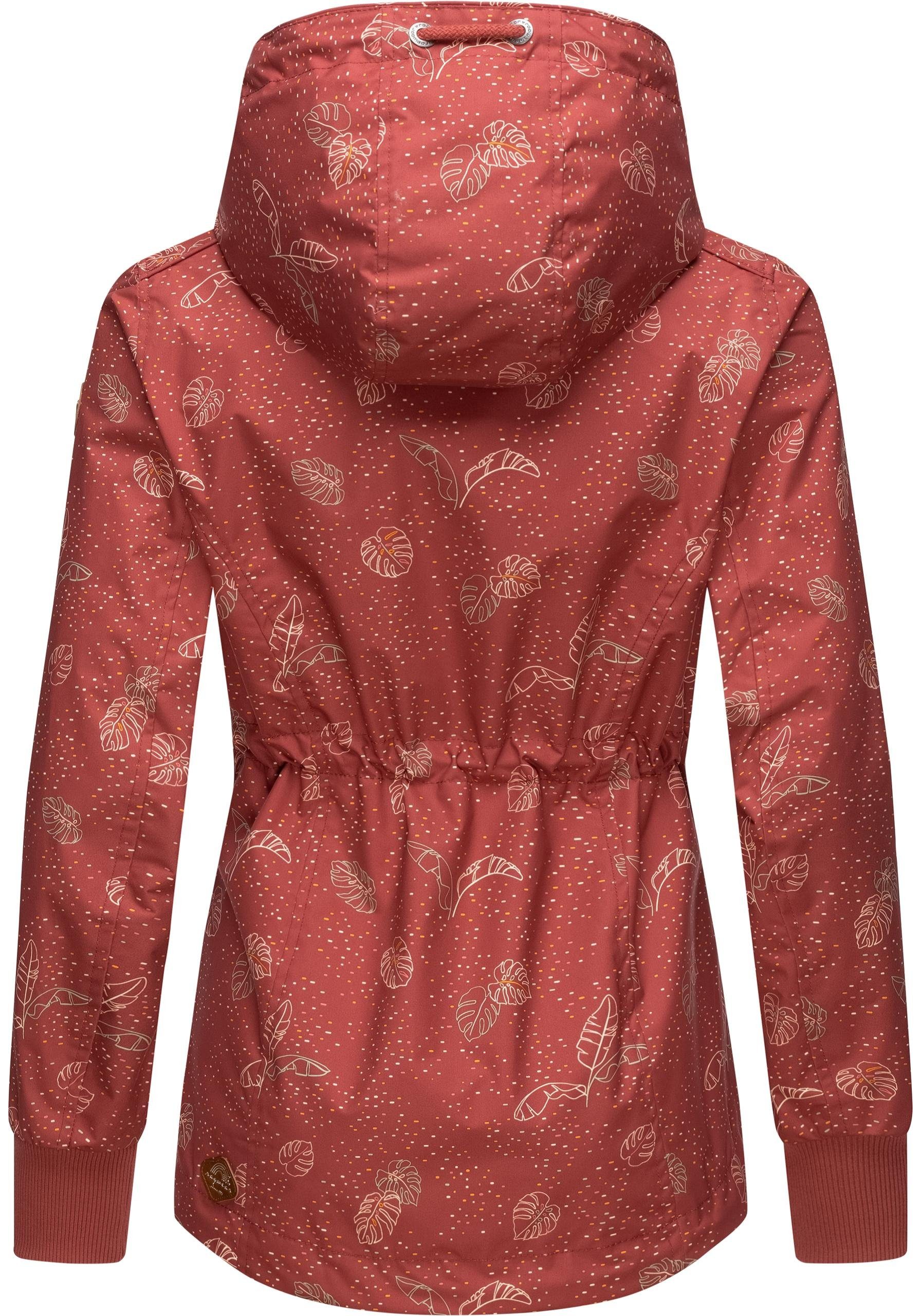Outdoorjacke Print Übergangsjacke stylische Kapuze Ragwear mit und rosa Danka Leaves