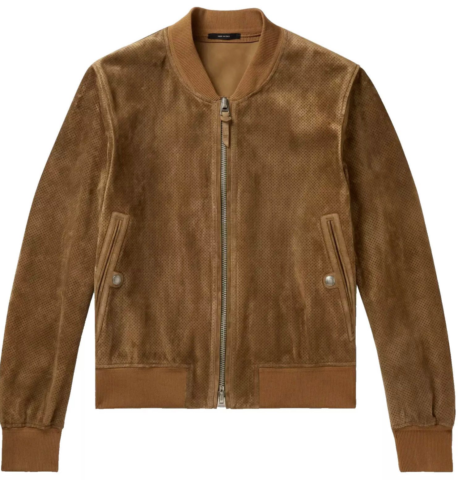 Tom Ford Lederjacke Perforierter Bomber Jacke Blouson Gerippter Saum, Druckknopfverschluss, Zwei-Wege-Reißverschluss