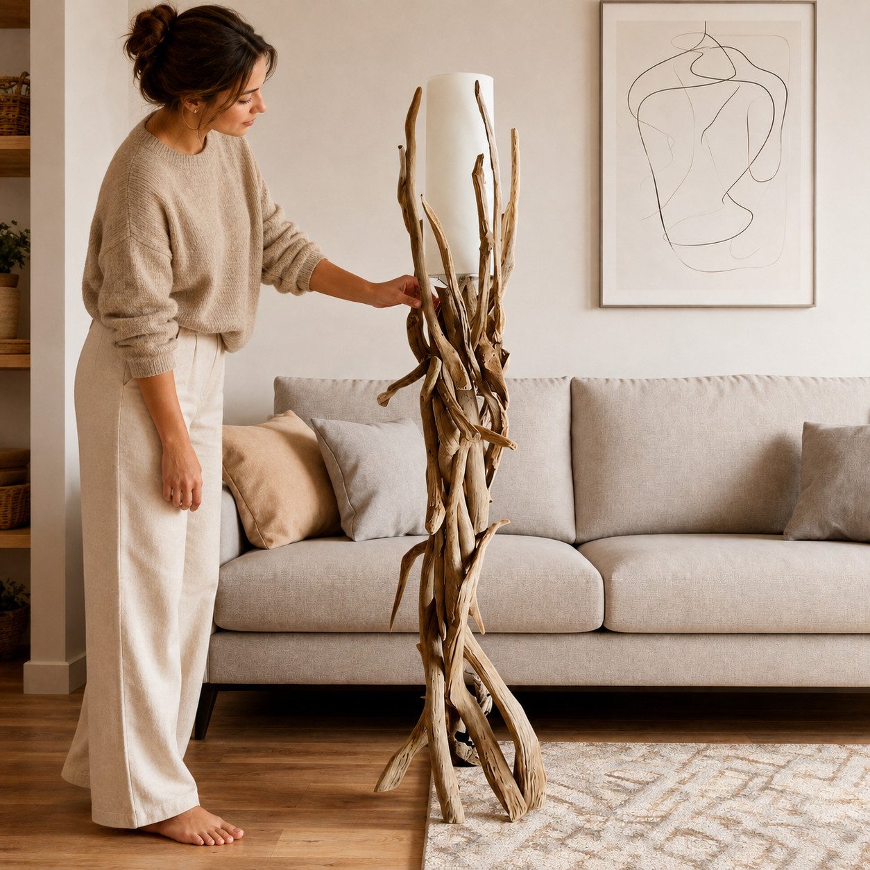 Möbel Bressmer Stehlampe stehlampe holz VILLA,40cm Treibholz-Stehlampe mit natür Lampenschirm, ohne Leuchtmittel, E27, Nachhaltig