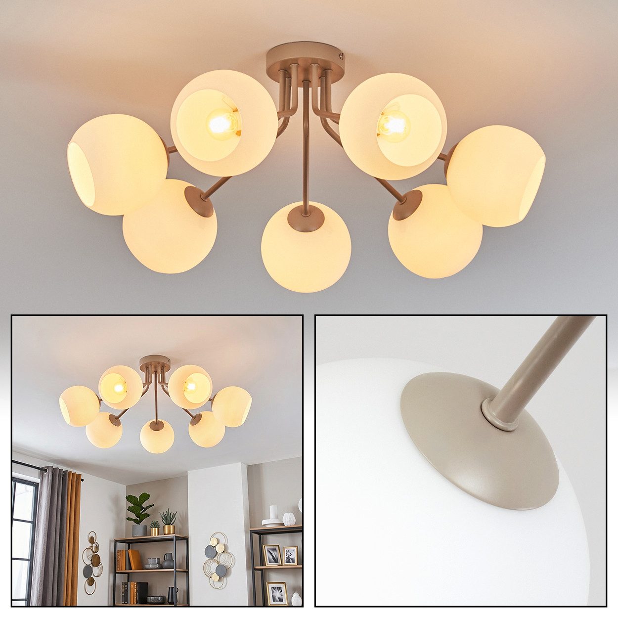 hofstein Deckenleuchte Deckenlampe aus Metall/Milchglas in Sandfarben/Weiß, moderne Deckenleuchte im Retro/Vintage/Boho-Design, 7 x E14