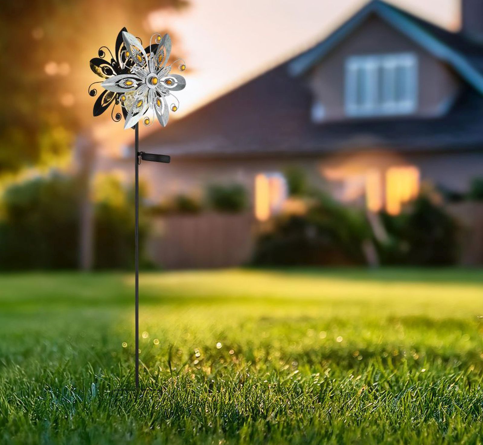 bmf-versand LED Solarleuchte Windrad Metall Garten Solar Solarleuchte Außen Solarlampe Windspiel, draußen drehend, LED fest integriert, Warmweiß, Windmühle Blume