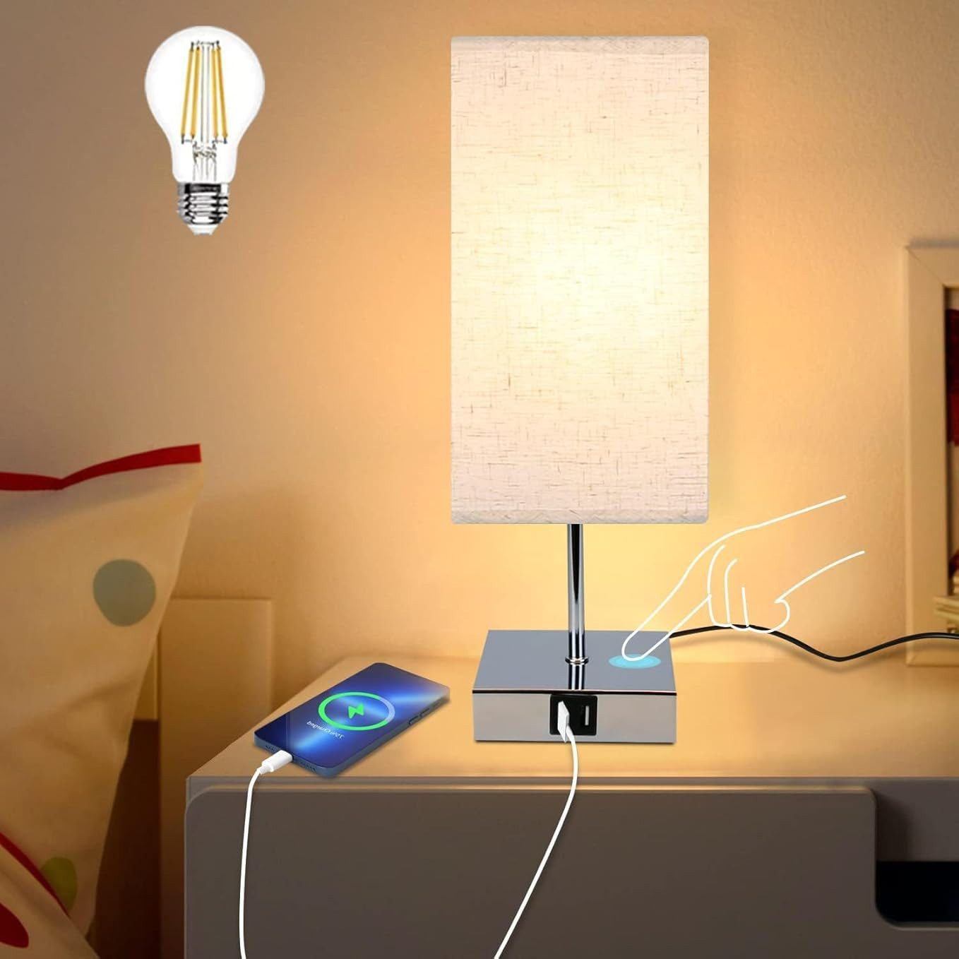 Nettlife Nachttischlampe Touch Dimmbar Stoffschirm E27 günstig online kaufen