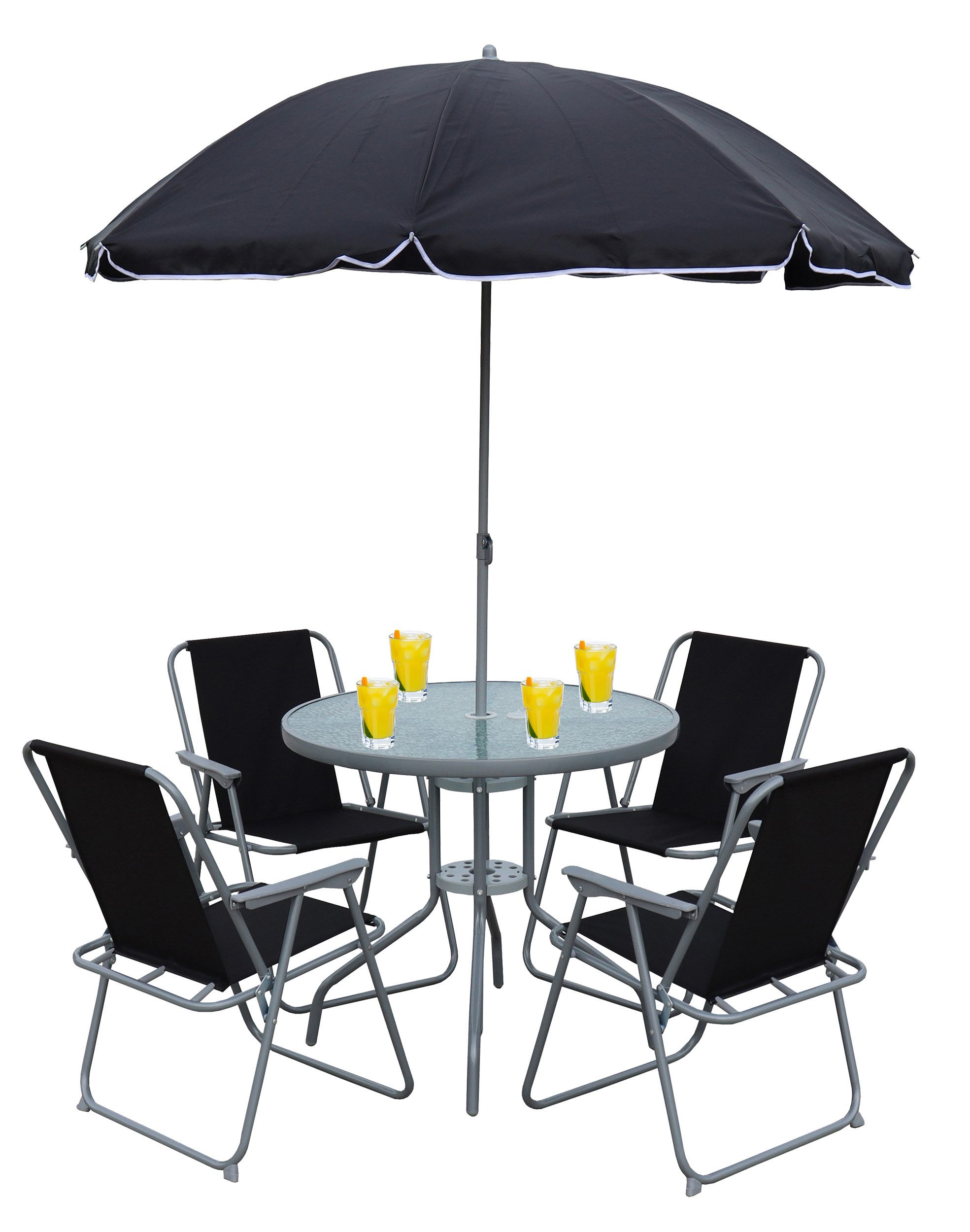 VCM Garten-Essgruppe Maxola 6er Set B. 75 x T. 75 x H. 74 cm, (Set, 6-tlg., 1x Tisch 4x Stuhl 1x Sonnenschirm)