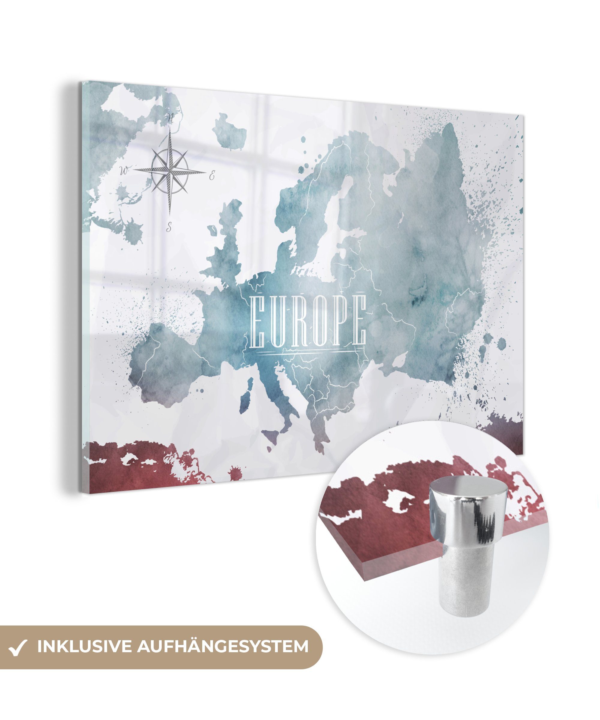 MuchoWow Acrylglasbild Karte - Europa - Ölfarbe, (1 St), Glasbilder - Bilder auf Glas Wandbild - Foto auf Glas - Wanddekoration