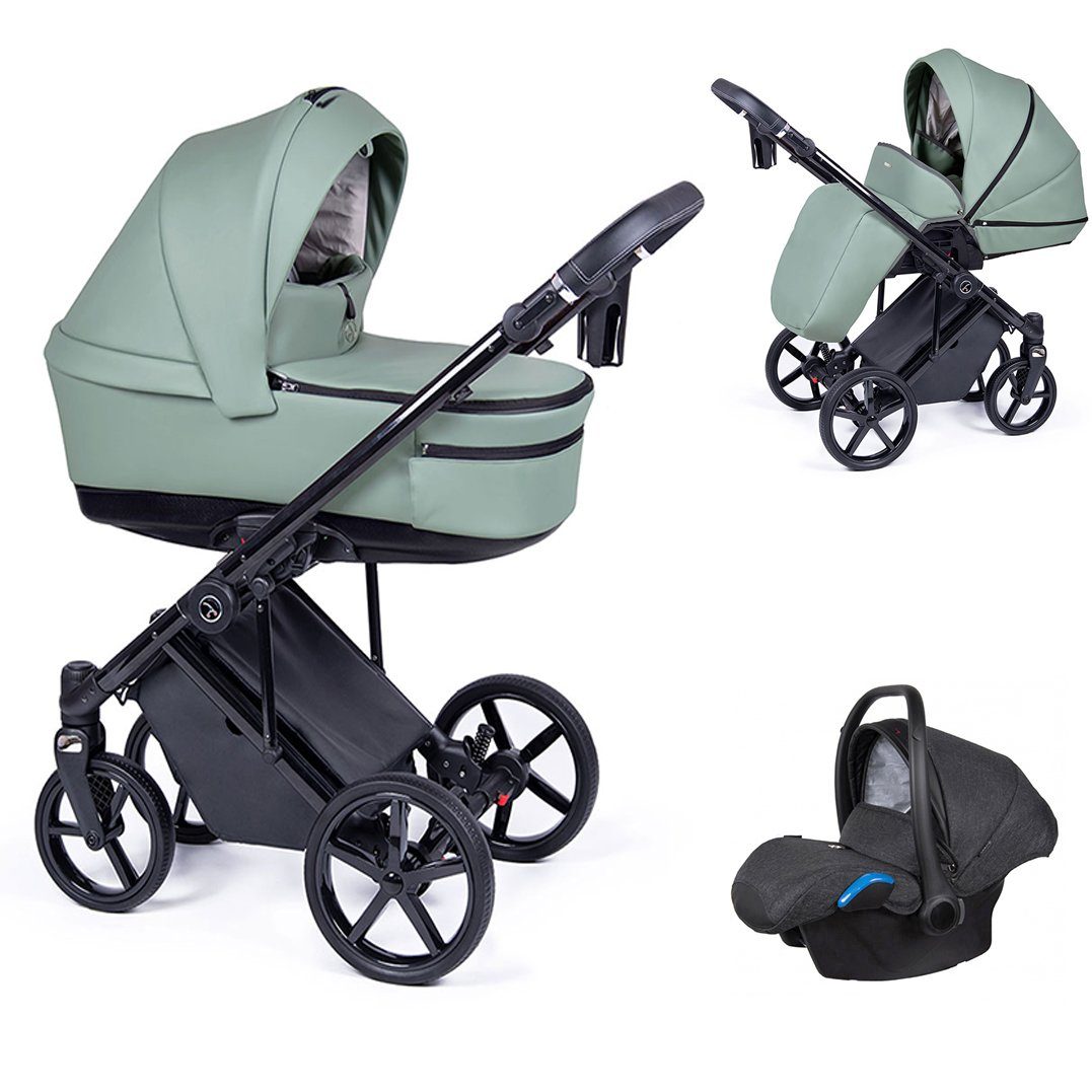 babies-on-wheels Kombi-Kinderwagen 3 in 1 Kinderwagen-Set Fado Eco - 15 Teile - in 21 Designs Grün = Gestell schwarz