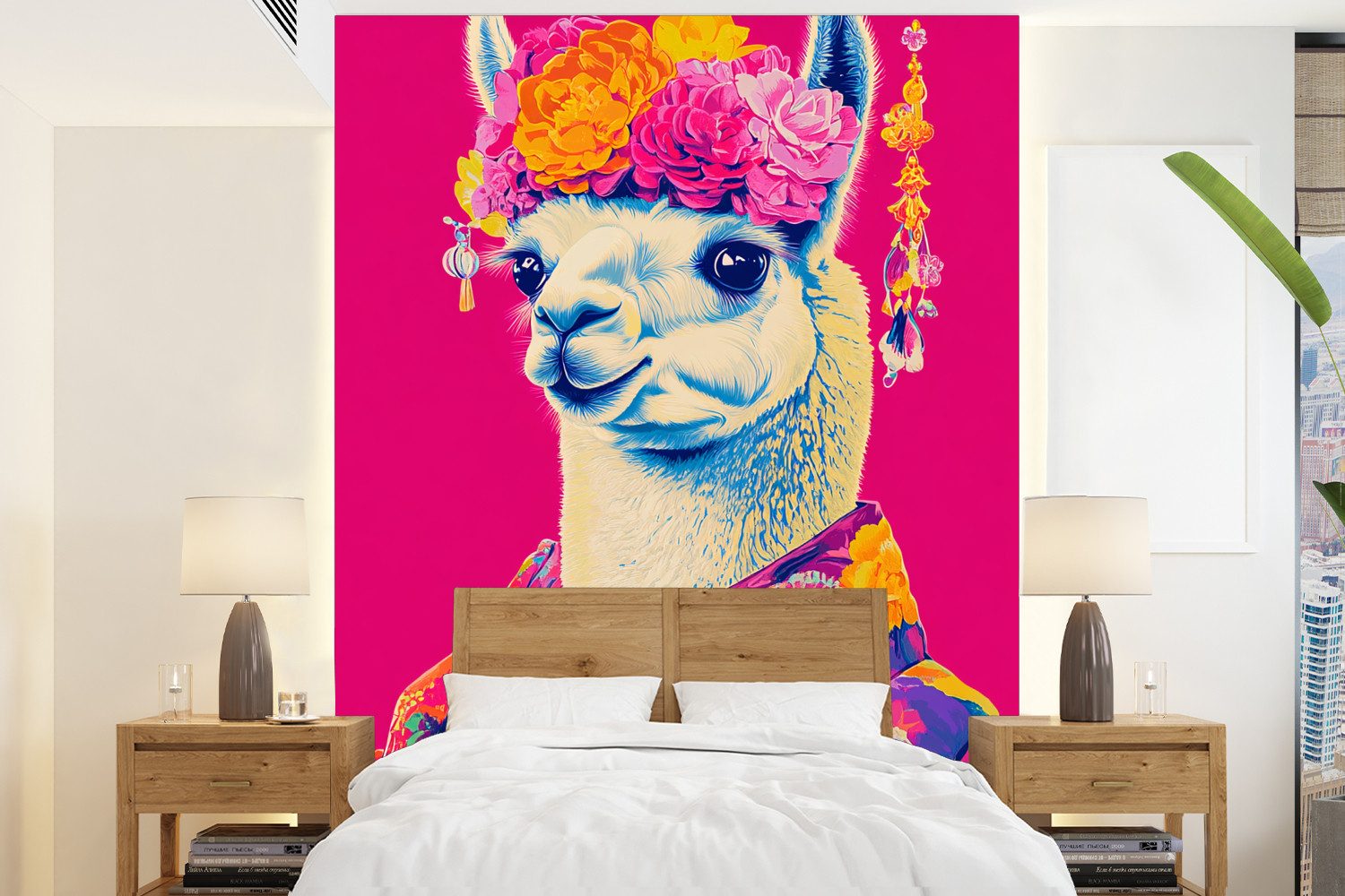 MuchoWow Fototapete Lama - Kimono - Blumenkranz - Hellrosa, Matt, bedruckt, Wallpaper für Wohnzimmer, Schlafzimmer, Vinyl Tapete, 165x220 cm