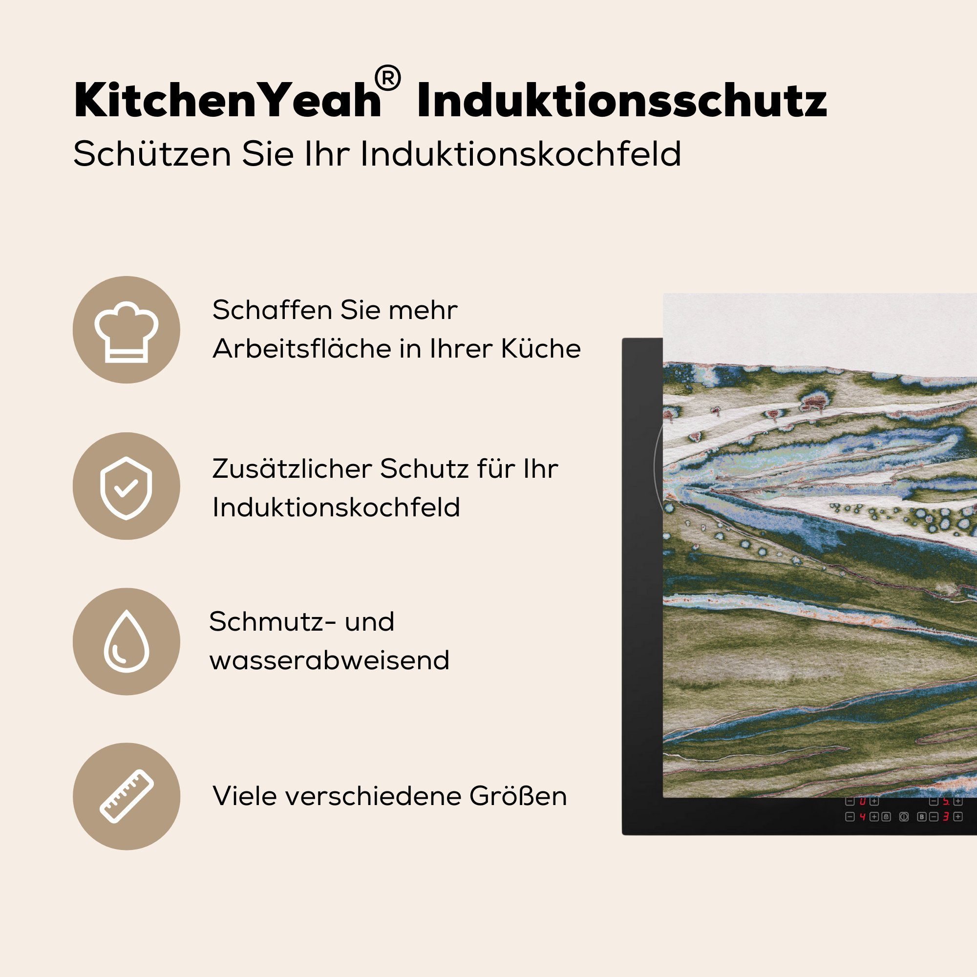 MuchoWow Herdblende-/Abdeckplatte Abstrakt - - tlg), nutzbar, Mobile Grün- Hügel Kunst, Ceranfeldabdeckung cm, (1 Arbeitsfläche Vinyl, 60x52 Natur 