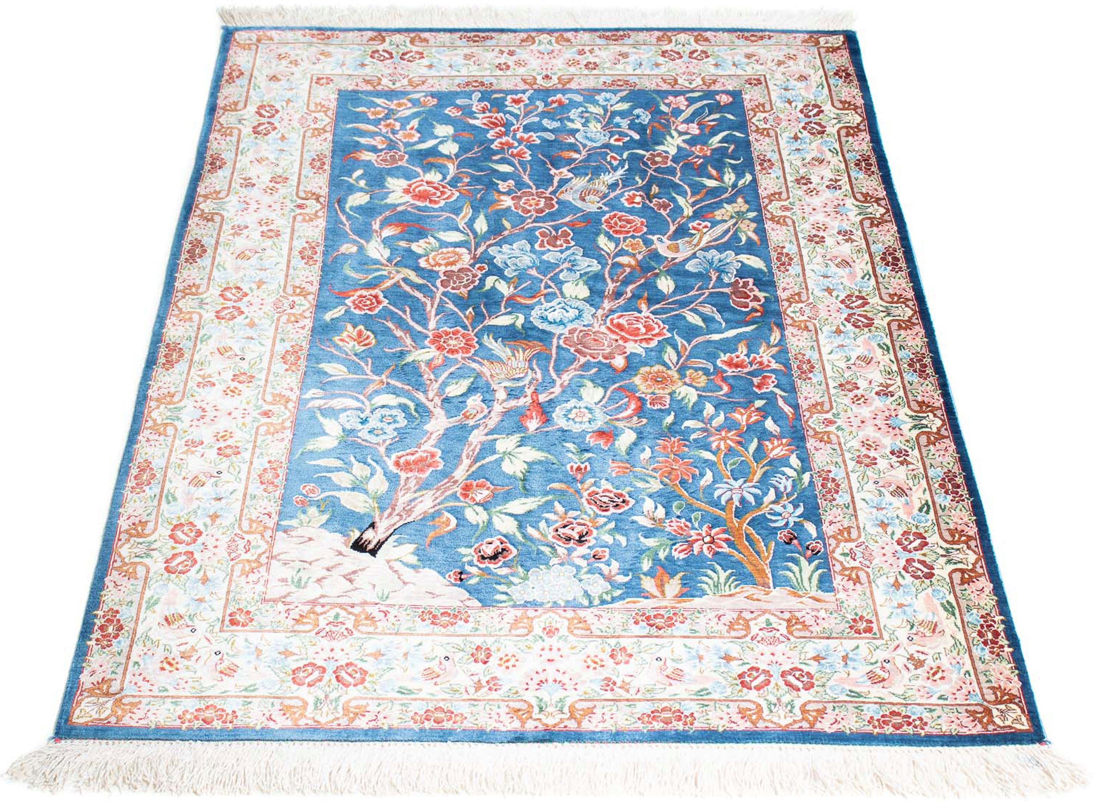 Orientteppich Perser - Ghom - 121 x 77 cm - hellblau, morgenland, rechteckig, Höhe: 10 mm, Wohnzimmer, Handgeknüpft, Einzelstück mit Zertifikat