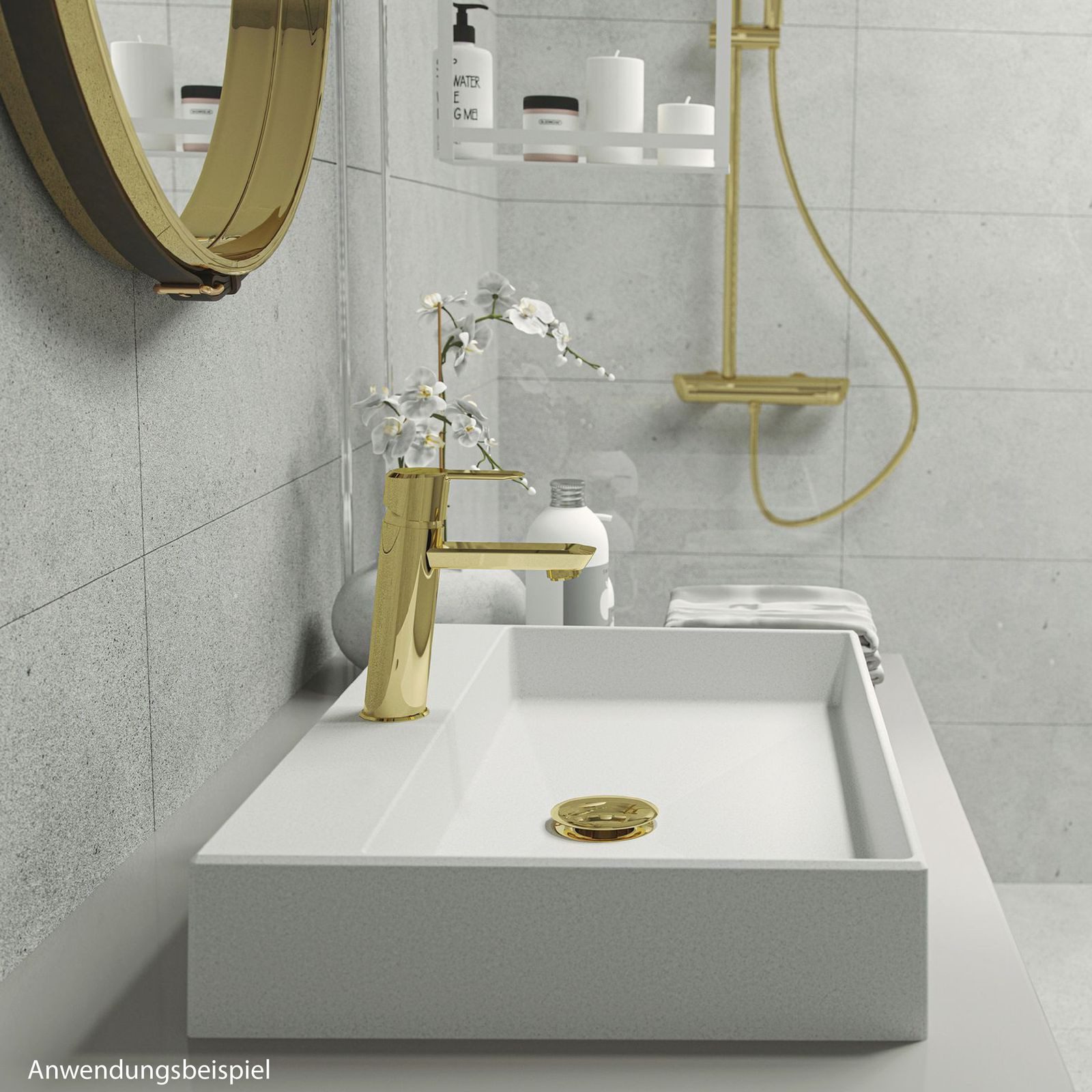 Deante Waschbecken Aufsatzwaschbecken Weiß eckig Granitoptik mit Armaturenbank (Komplett-Set)