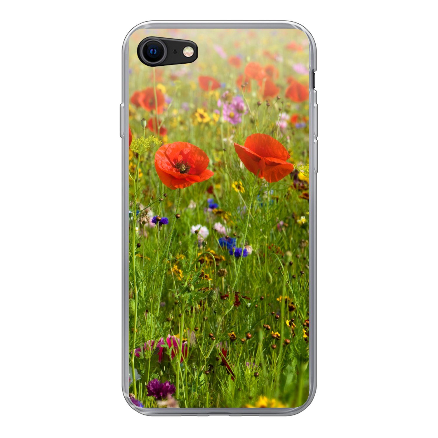 MuchoWow Handyhülle für Apple iPhone SE 2022 Frühling - Blumen - Rot - Mohn - Gras - Grün, Handy Case, Silikon, Bumper Case Dünn