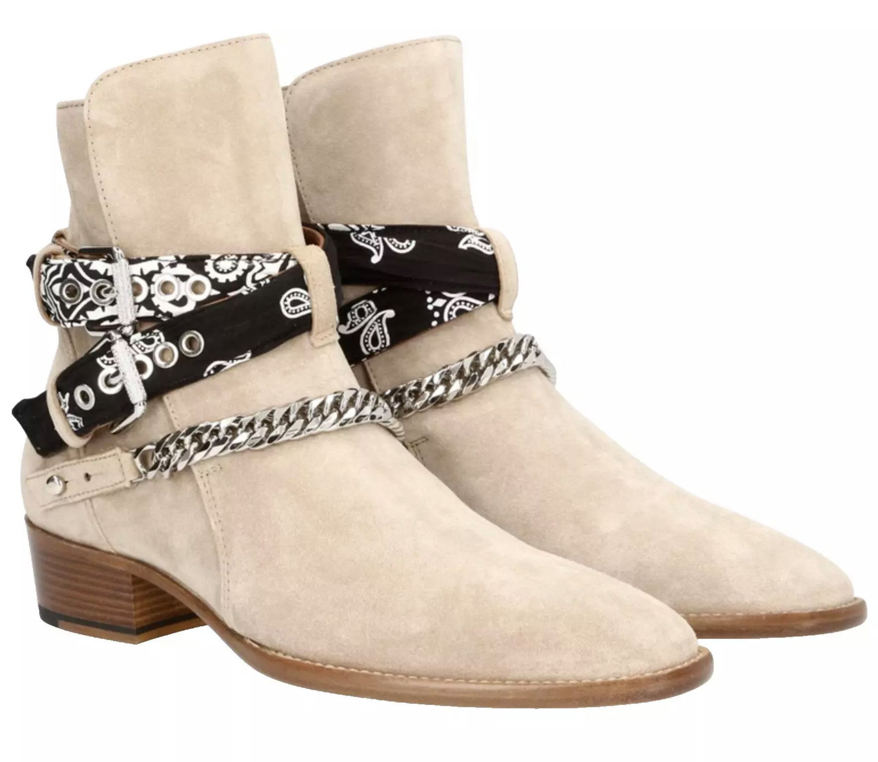 AMIRI Jodhpur Ketten Schuhe Bandana Suede Schuhe Bootsschuh Crossover-Bandana-Riemen, Silberfarbene Kette