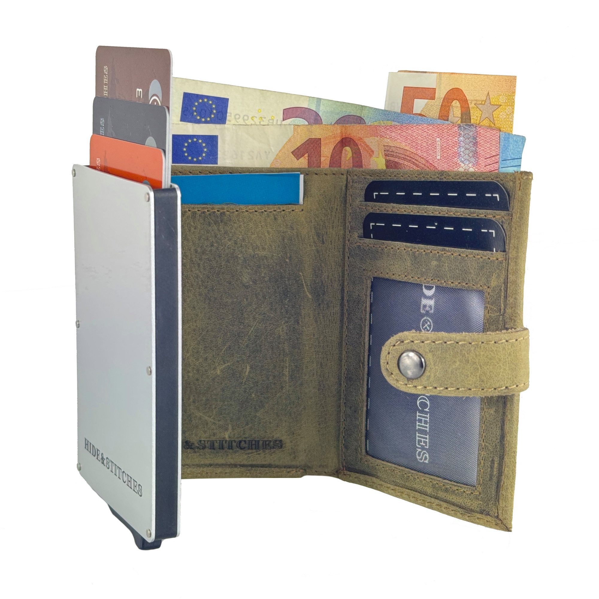 Hide & Stitches Geldbörse Slim Wallet mit Münzfach, Scheinfach & RFID-Schutz, Kartenetui, / Cardholder für bis zu 7 Karten + 2 Kartenfächer + 1 Klarsichtfach