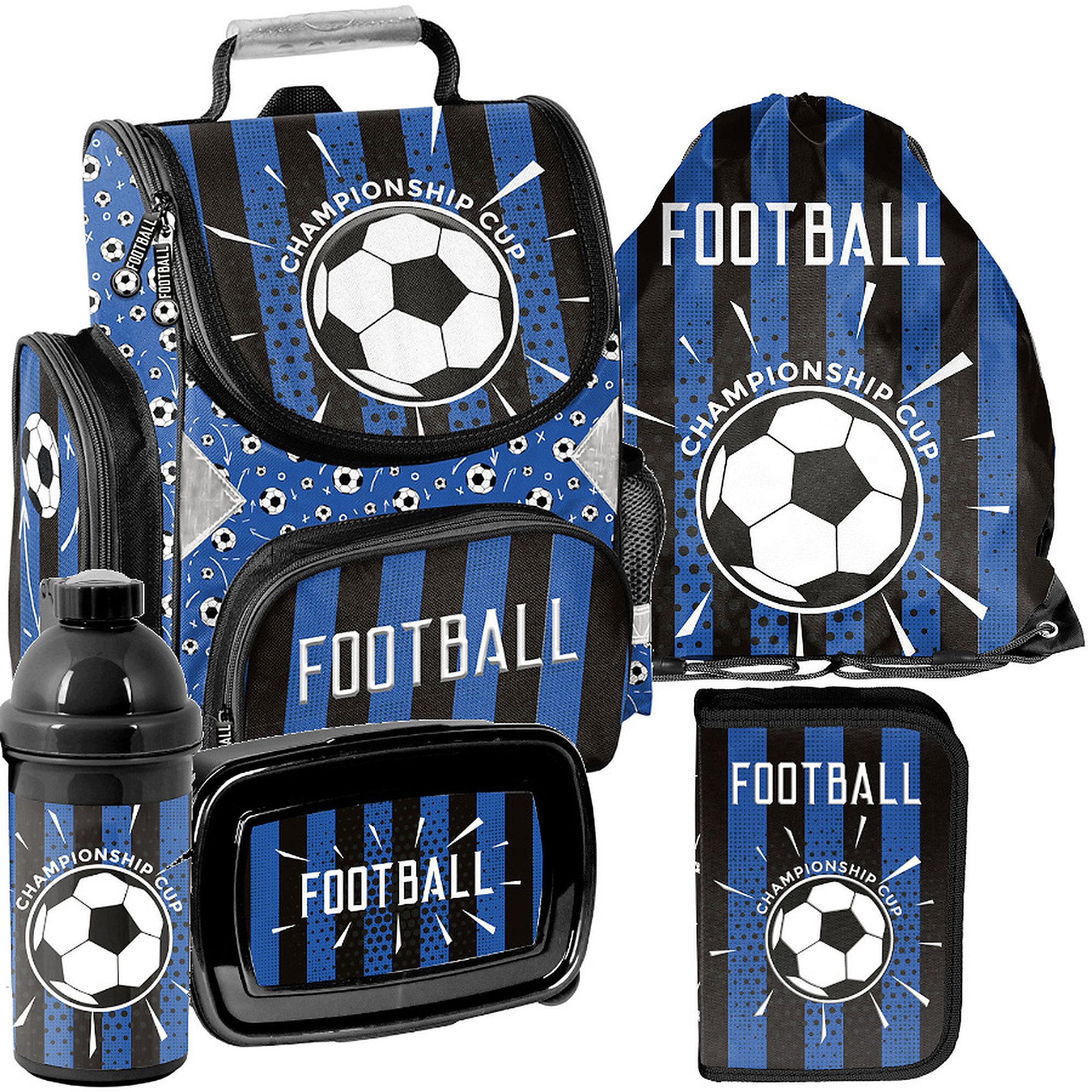 PASO Schulrucksack (Schulset, 5-tlg), Football, 5-tlg. Set, Schwarz