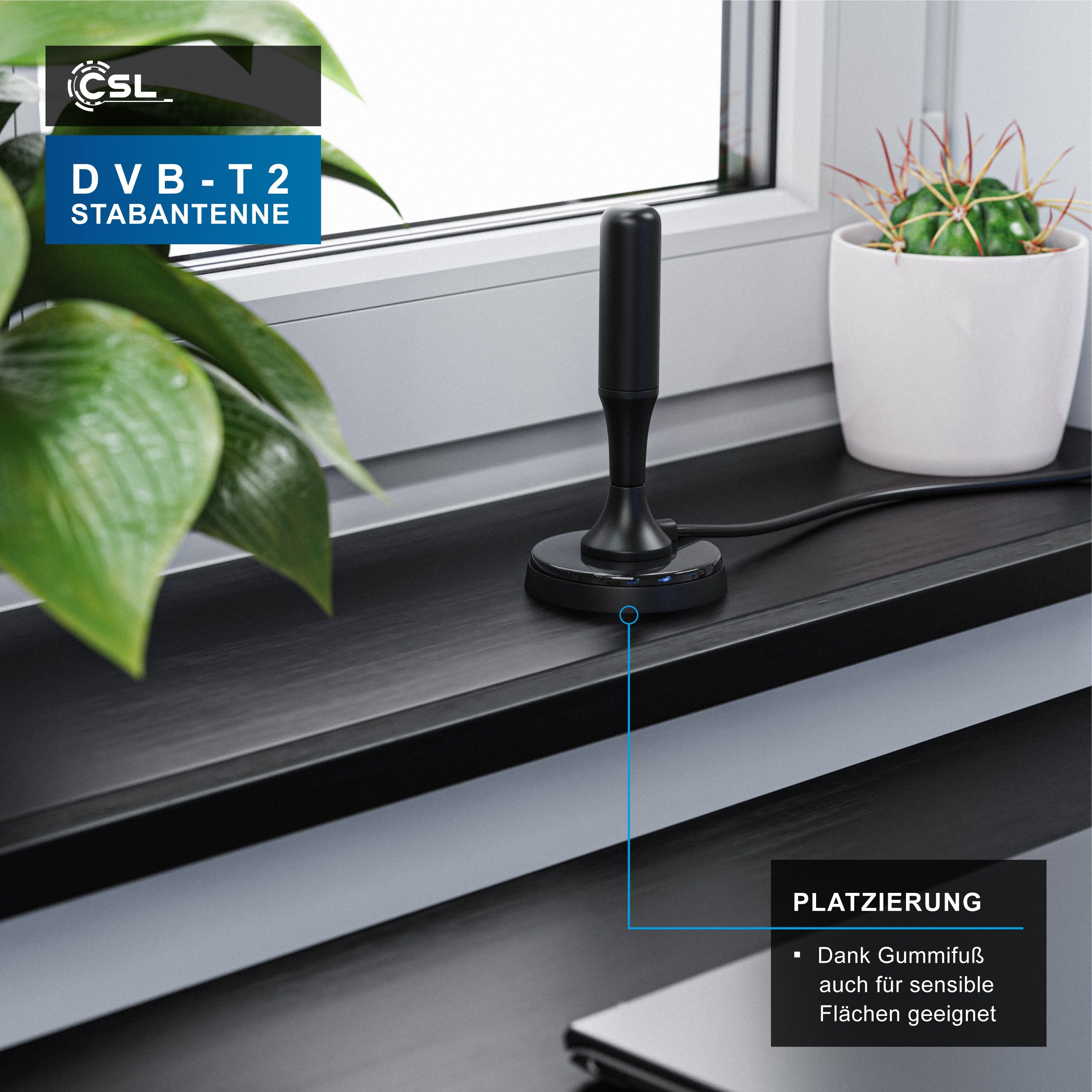 CSL digitale Antenne mit 4m Kabel / inkl. F-Stecker Adapter Stabantenne (DVB-T, DVB-T2, für Innenbereich), für DVB-T2, Fernseher und Receiver, flexibel platzier – Bild 5 von 5