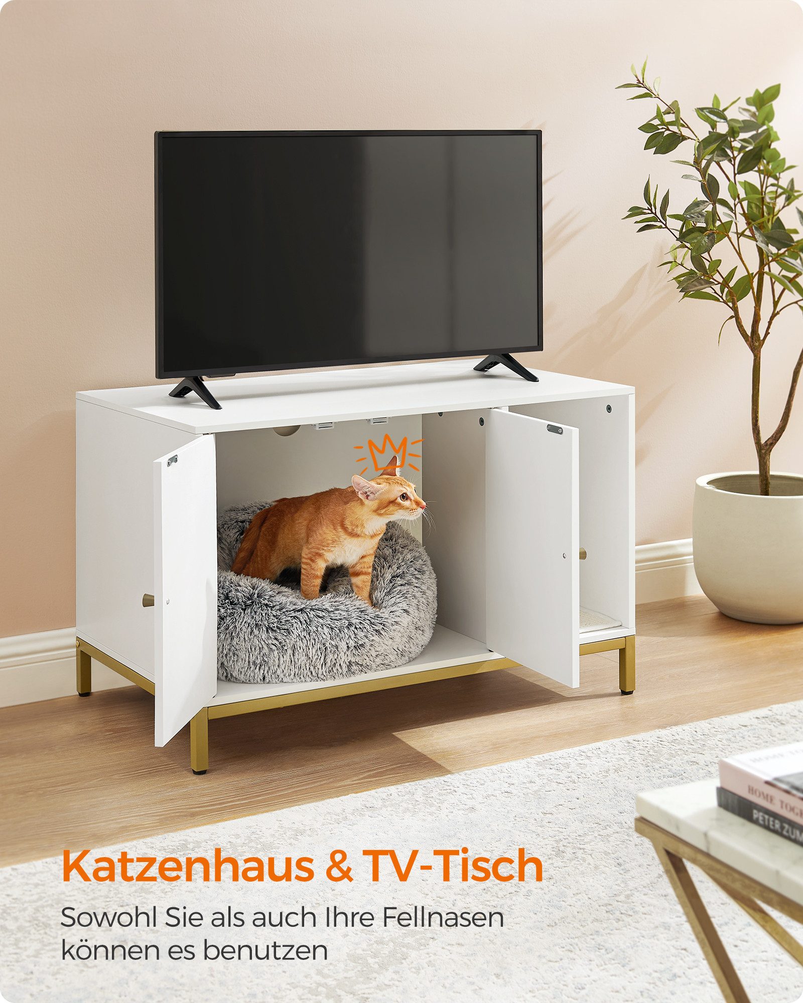 FEANDREA Katzentoilette Katzenklo-Schrank, Katzenhaus, Beistelltisch, 80 x 50 x 55 cm, mit Kratzmatte, hohe Beine, für Katzen, weiß-goldfarben
