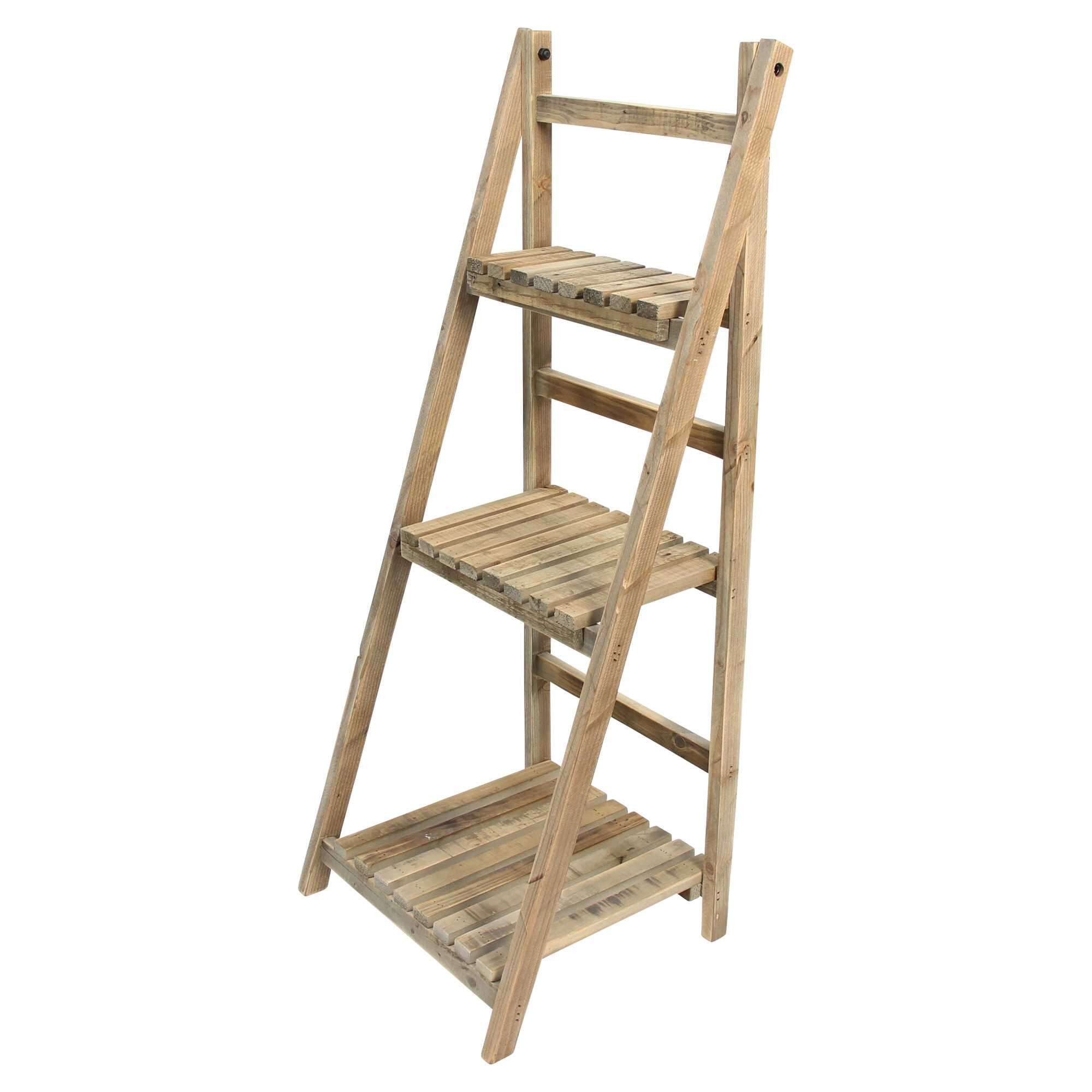 Dekoleidenschaft Standregal "Recycling-Chic" aus Holz klappbar rustikal 3 Böden, Blumenregal Regal, Badregal, Aufbewahrungsregal, Leiterregal